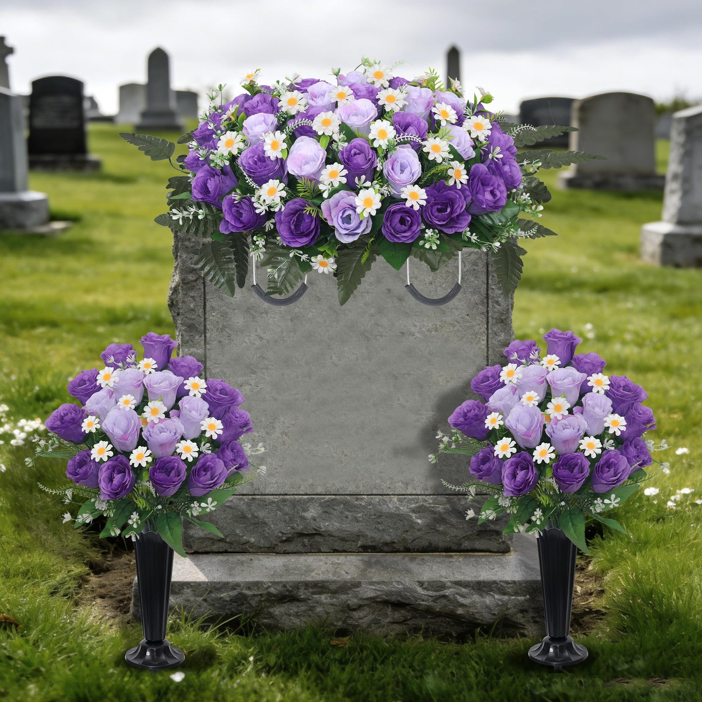Wocst Headstone Flower Saddle,Large Artificial Cemetery Flowers for Grave 2Pack Artificial Silk Roses Daisy Bouquets with Cemetery Vases for Outdoor Grave Decorations (Purple)