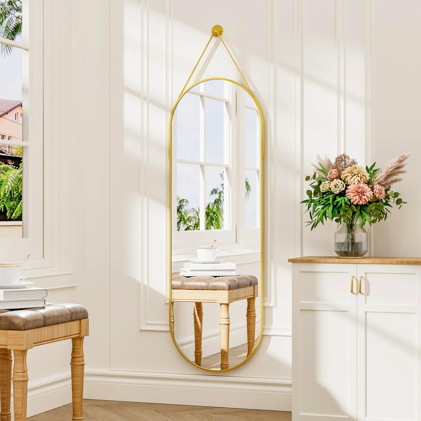 TinyTimes 48"x16" Hanging Mirror with Leather Strap,Oval Full Length Mirror with Aluminum Frame Wall-Mounted Hanging Mirrors for Bathroom Vanity Living Room Bedroom Entryway Decor, Gold