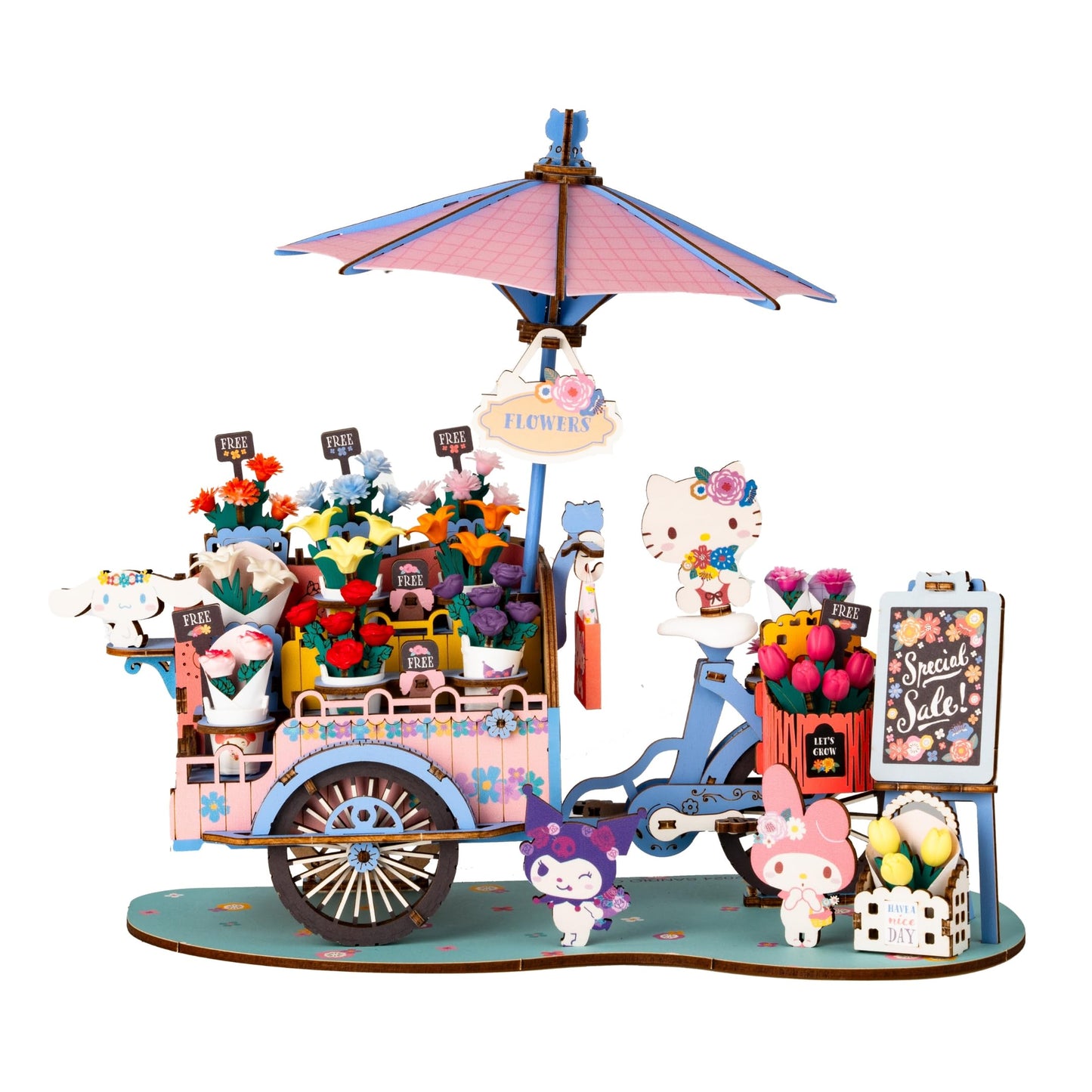 Hands Craft Hello Kitty And Friends Flower Cart 3D Wooden Puzzle Kit | DIY Floral Model | Arts & Crafts for Adults & Kids | Creative Hobby Kits | Hello Kitty Characters | Wood Building Set | Nice Gift