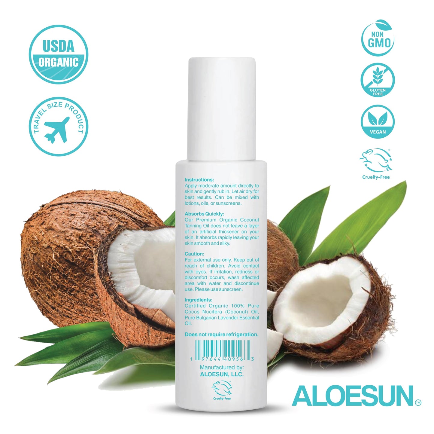 ALOESUN Organic Coconut Tanning Oil Spray Infused with Organic Lavender Oil | Natural Deep Tanning Accelerator | Moisturizing & Hydrating Tan | Non-Greasy | Vegan & Cruelty-Free | Travel Size 3.4 Oz