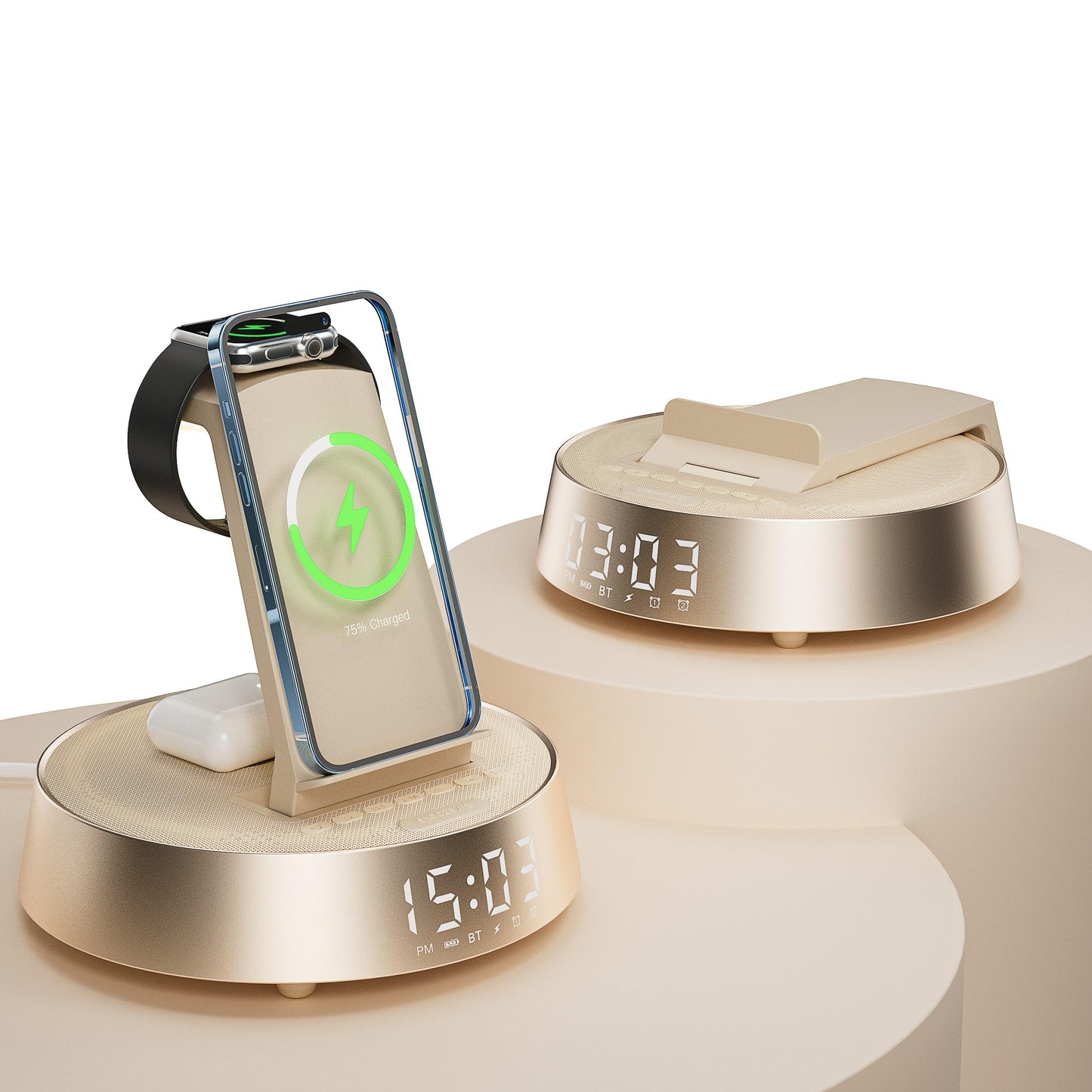 7 in 1 Wireless Charging Station, Alarm Clock for Bedroom with Dimmable Night Light Bluetooth Speaker, Dock Station for iPhone 16 15 14 13 12 11 Pro Max, Apple Watch