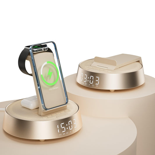 7 in 1 Wireless Charging Station, Alarm Clock for Bedroom with Dimmable Night Light Bluetooth Speaker, Dock Station for iPhone 16 15 14 13 12 11 Pro Max, Apple Watch