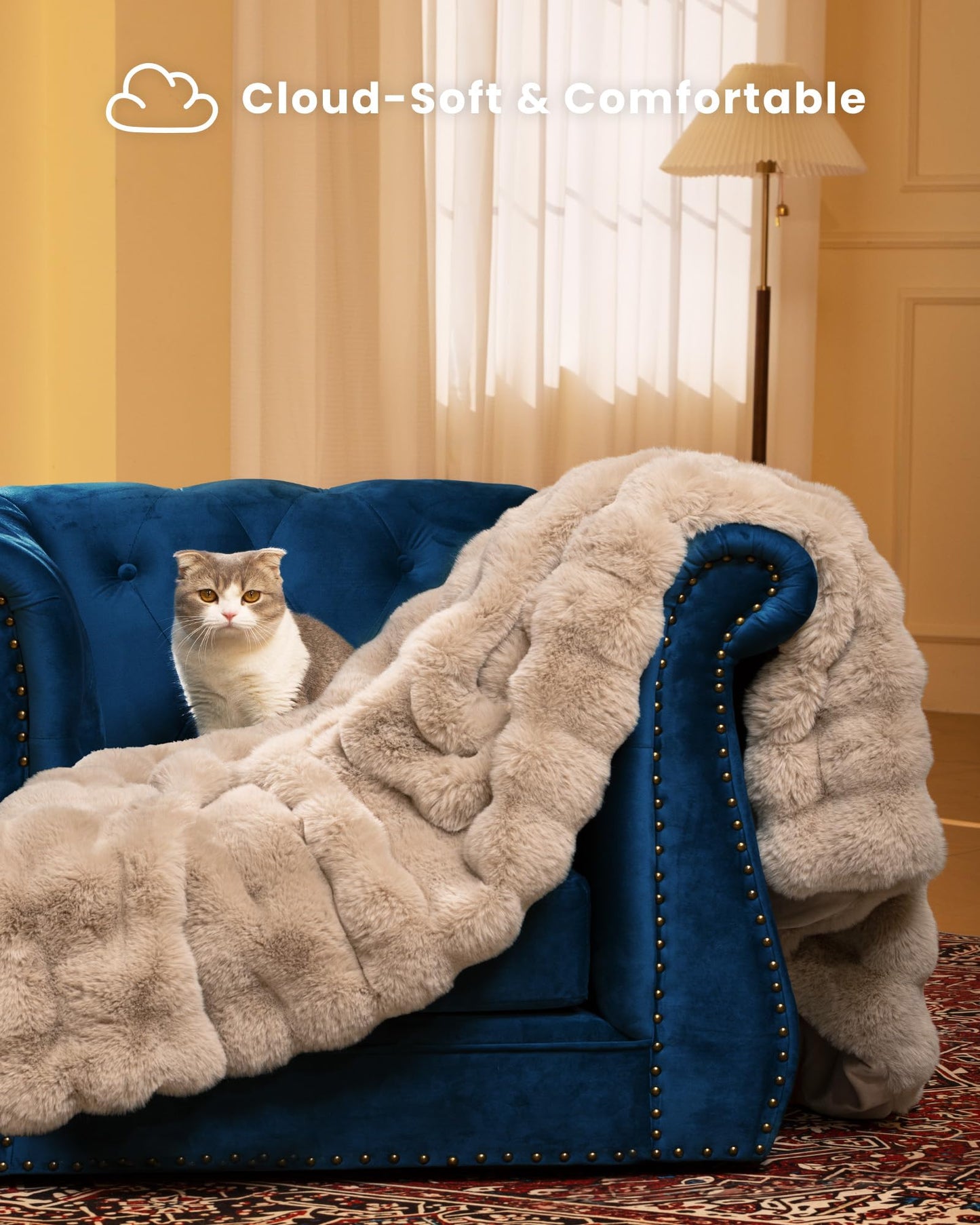 blunique Ultra Soft Cozy Faux Fur Throw Blanket, Fuzzy Plush Thick Bubble Blanket, Oversize Luxury Fluffy Blanket for Couch, Bed, and Living Room, 60x80 Inches, Light Brown