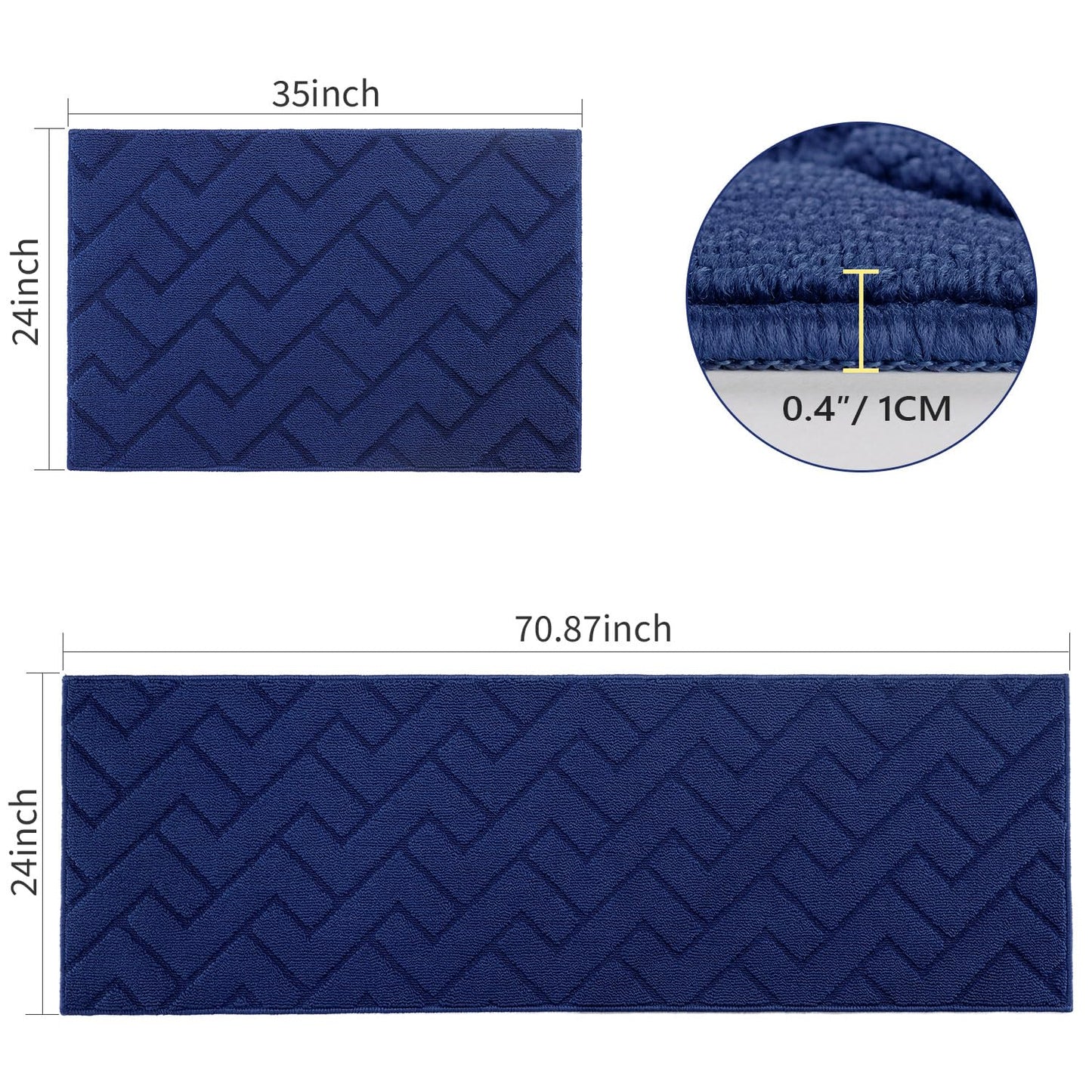 hicorfe Kitchen Rugs and Mats Sets,2 Pieces Super Absorbent Polypropylene Non-Slip Rug,Soft Comfort Floor Mat,Washable for Kitchen,Hallway,Office,Sink,Laundry(24" x 35"+24" x 71",Navy Blue)