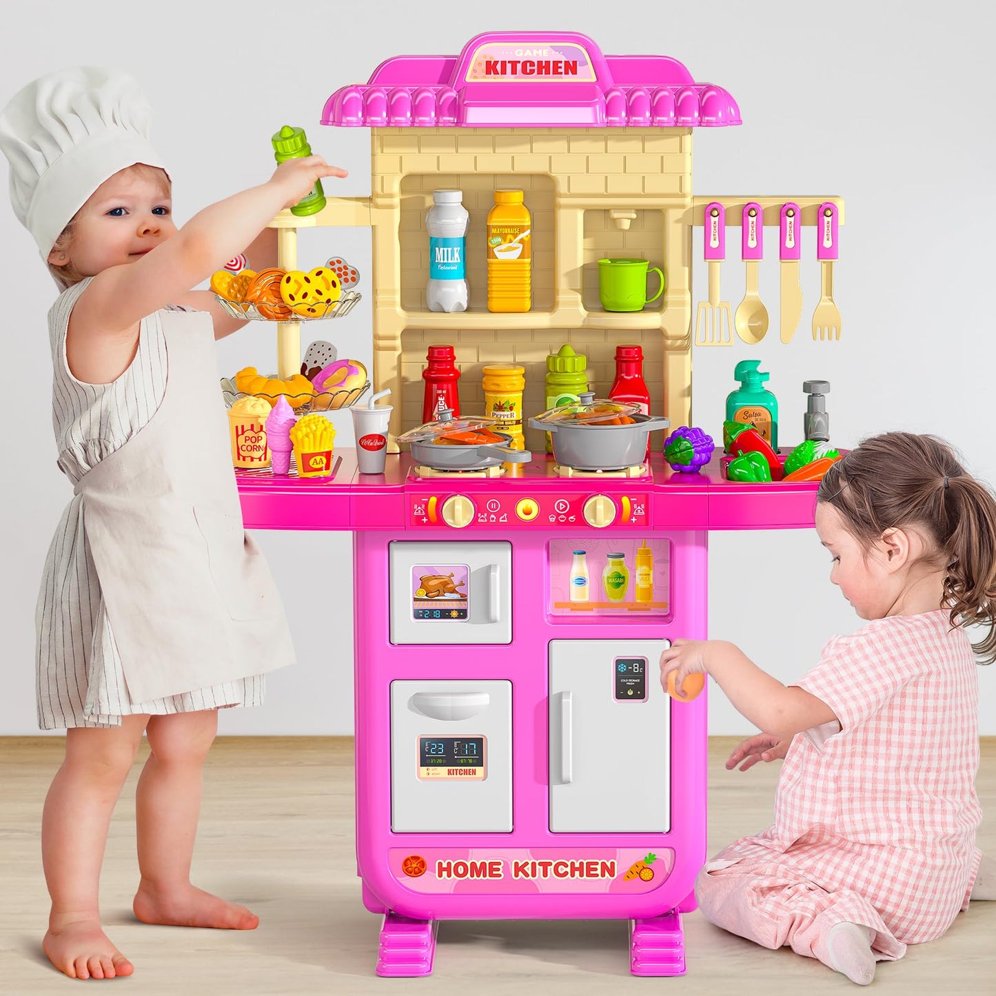 MSKOLER 36 in Kids Kitchen Playset for Ages 2-6 4-8, Play Kitchen with Light, Sound and Spraying, Sink Toy Accessories, Cooking Stoves, Pretend Food Toys for Toddlers 1-3 3-5 Boys Girls 6-12 (Pink)