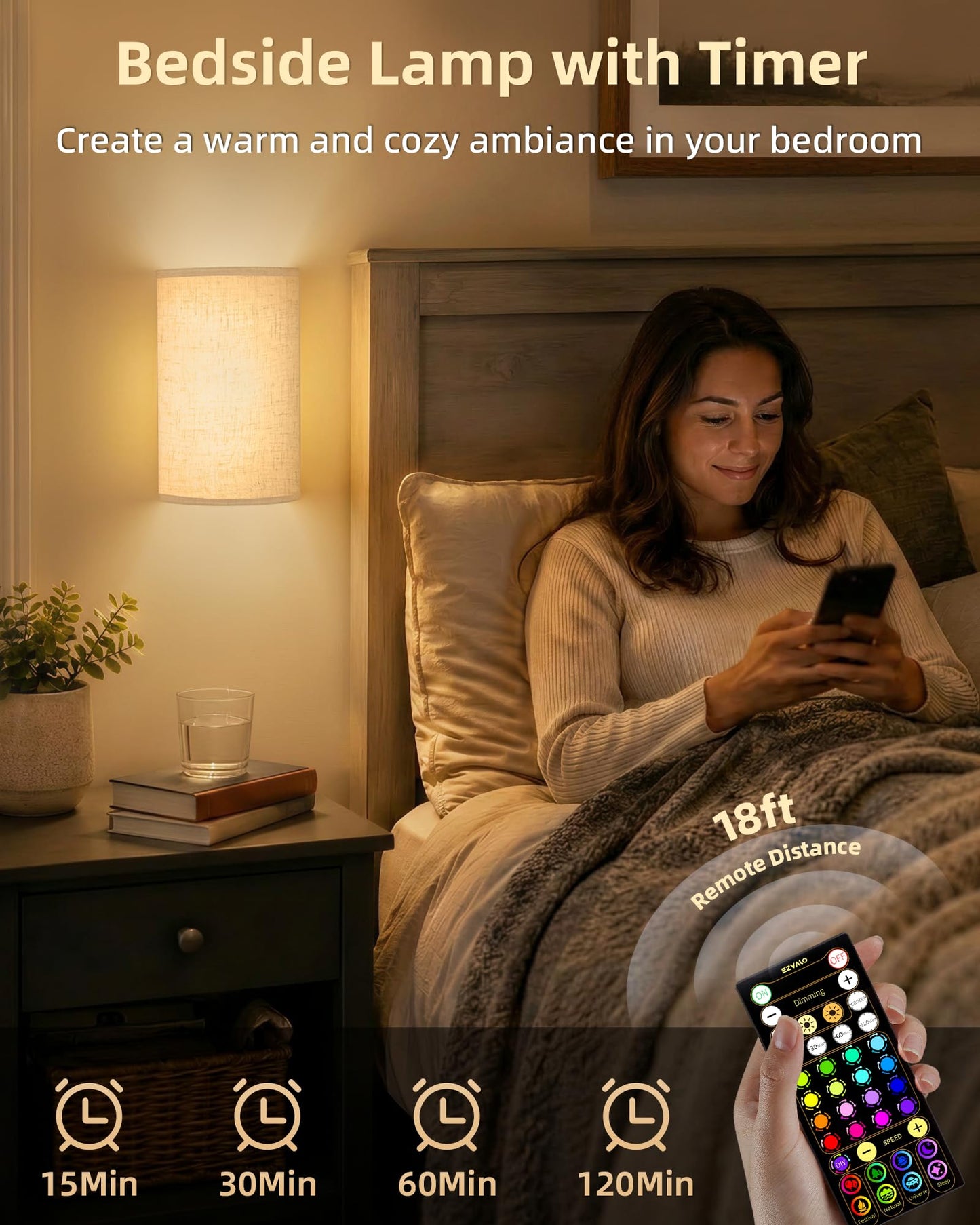 EZVALO Battery Operated Wall Sconce, Rechargeable Wall Sconces Set of Two with Remote, 3 Color & 80 RGB Wireless Wall mount Light, Dimmable, Timer, Peel and Stick, Fabric Linen Wall Lights for Bedroom