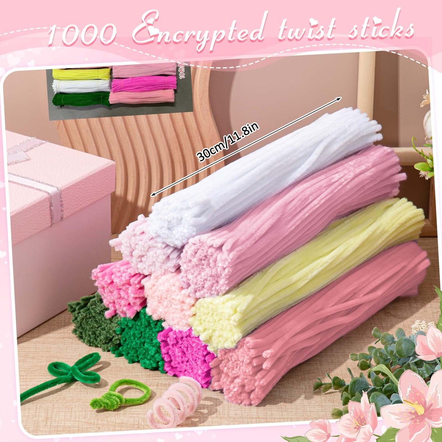 Peryiter 12 Inch Pipe Cleaners Flowers Set 1000 Pcs Chenille Stems Craft Supplies Bulk for Tulip Bouquet Making, Art DIY Craft Projects Creative Gift Party Decorations (Pink Flower)