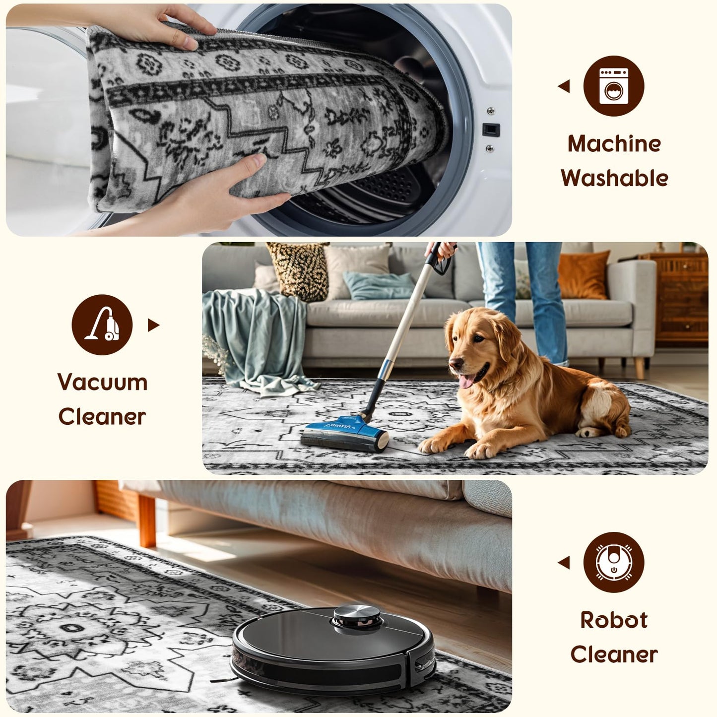 LBRO2M Boho Area Rug 8X10 Washable Rugs for Bedroom Low Piles Indoor Rugs, Non Slip Soft Carpet for Living Room, Dining Room, Gray Rug Foldable Pet Friendly Area Rugs Stain Resistant (8'X10' Gray)