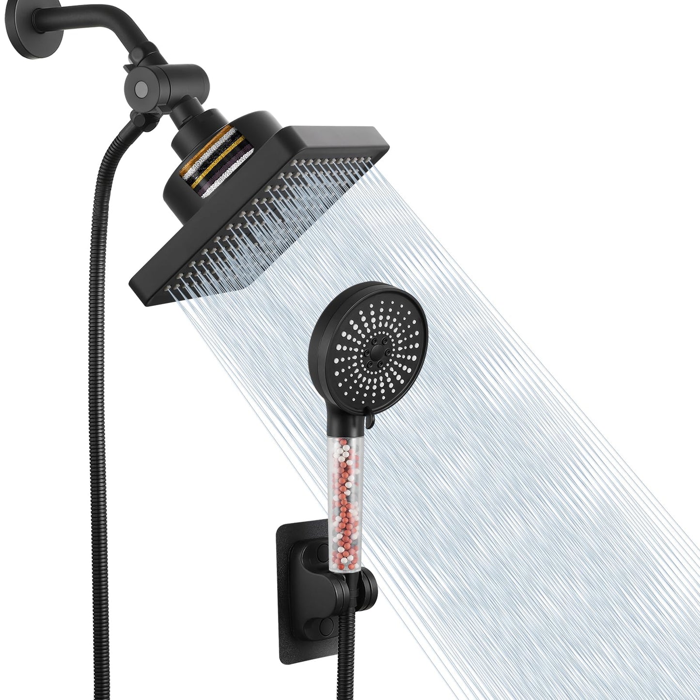 Nuodan Filtered Shower Head with Handheld Combo, High Pressure Rain Showerhead Filter for Remove Chlorine and Harmful Substances, with Self-adhesive Holder/59" Hose, Matte Black