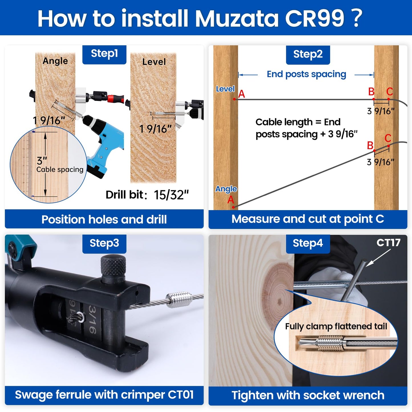 [Patent] Muzata 20 Pack 3/16" Invisible Cable Railing Kit Hardware Swage Lag Screw Hidden for 4x4 6x6 8x8 Wood Posts T316 Stainless Steel Deck Cable Railing System 10 Pairs CR99
