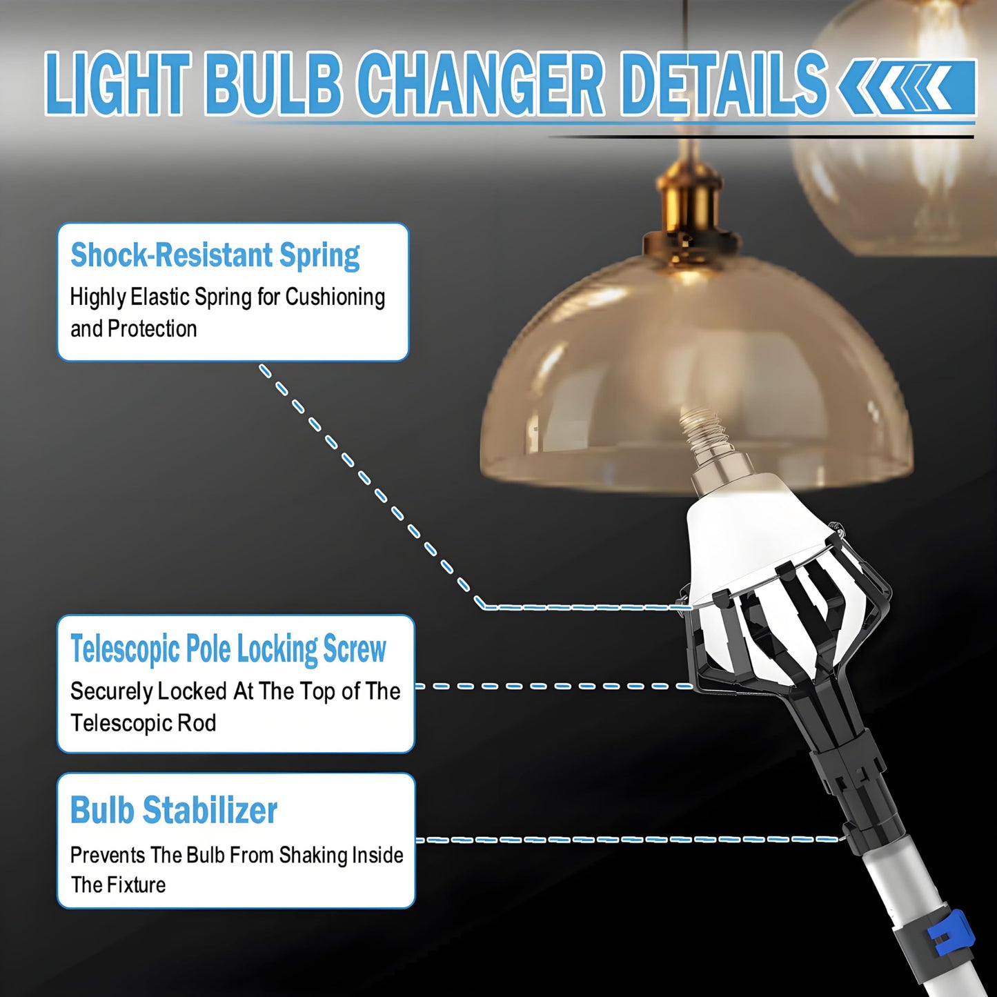 Karveden 28FT Reach Light Bulb Changer for High Ceilings with Pole, 5-20FT Light Bulb Extension Pole Changer with Baskets and Suction Cup for High Ceilings and Recessed Lights, Blue