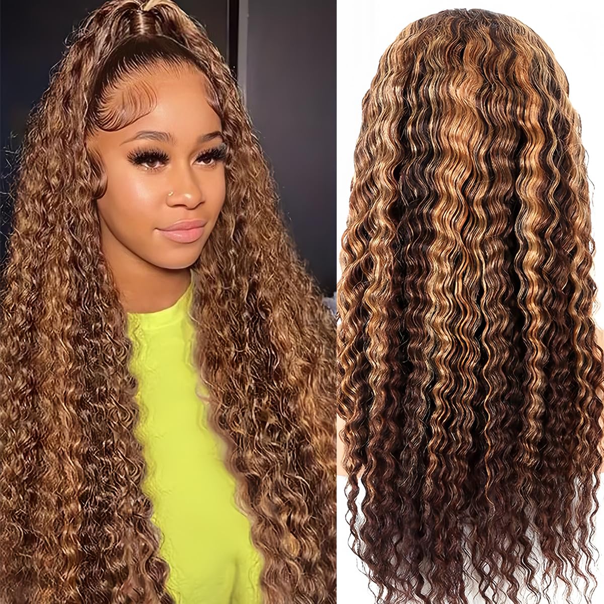 30 Inch Highlight Ombre Lace Front Wig Human Hair 4/27 Colored Honey Blonde Wig Human Hair 13x6 HD Lace Front Wigs Human Hair Deep Wave Curly Lace Frontal Human Hair Wig Pre Plucked with Baby Hair