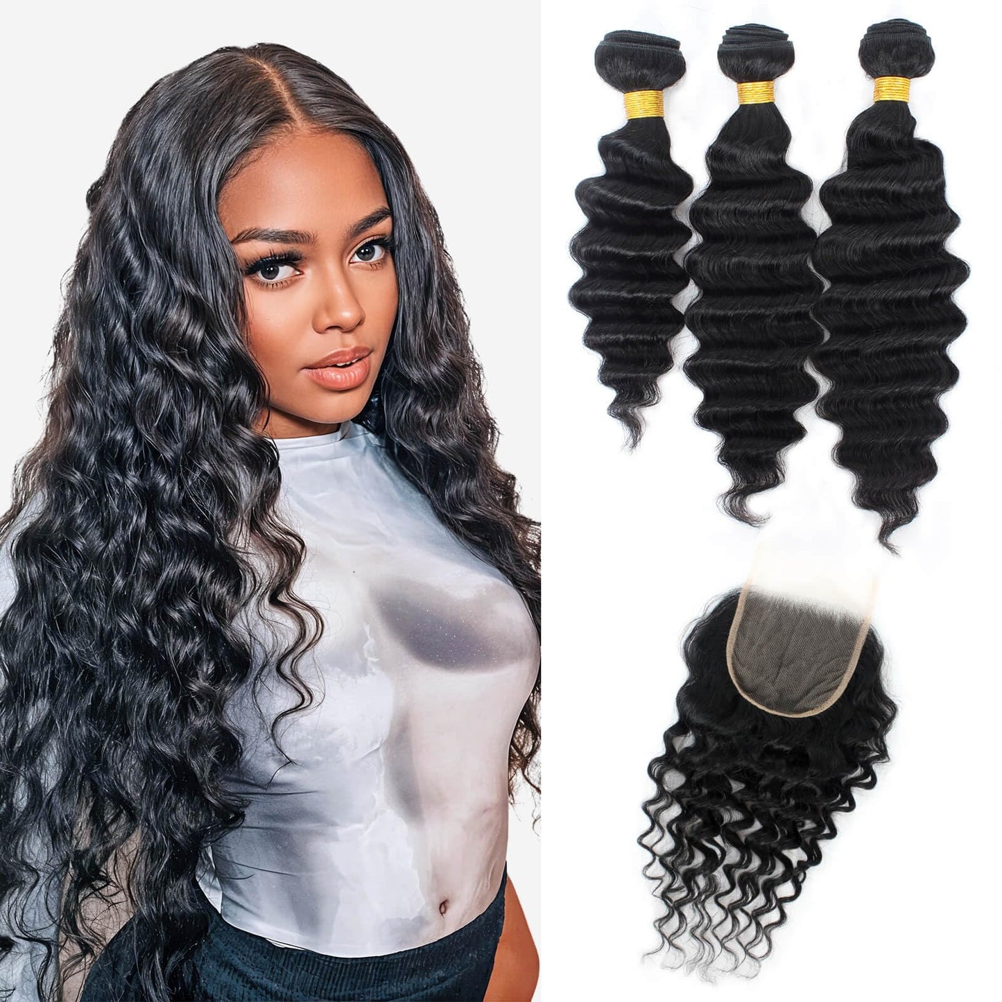 MOONBAY Loose Deep Wave Human Hair Bundles with Closure (20 22 24 + 16), 100% Unprocessed Virgin Brazilian Hair, 3 Bundles (80g/pc) with 4×4 Closure