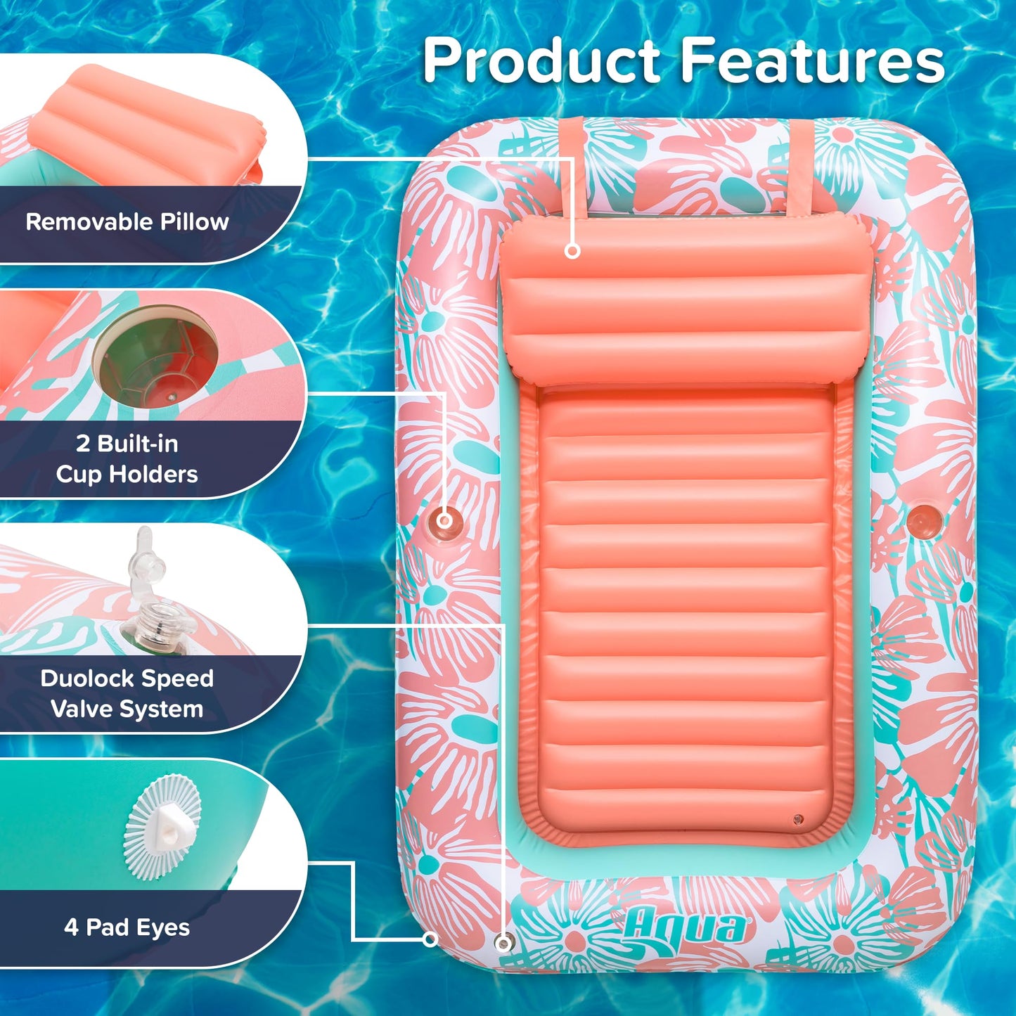 Aqua Inflatable Tanning Pool Lounger – Large (71 x 48 in) – Premium Pool Float with Cupholders and Removeable Pillow for Relaxation and Fun, Pink Flower Coral