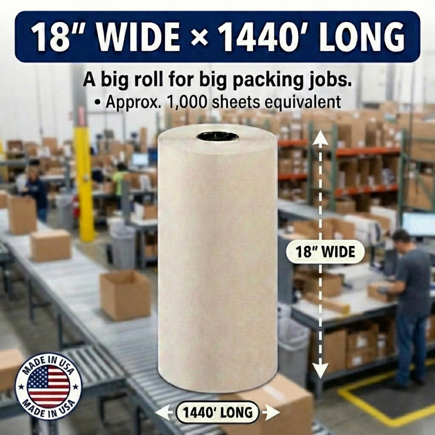BOX USA Packing Paper Roll 1440'L x 18"W - 1,000 Sheets 17” Long Equivalent - Large White Newsprint for Shipping, Packaging, Storage and Moving Supplies