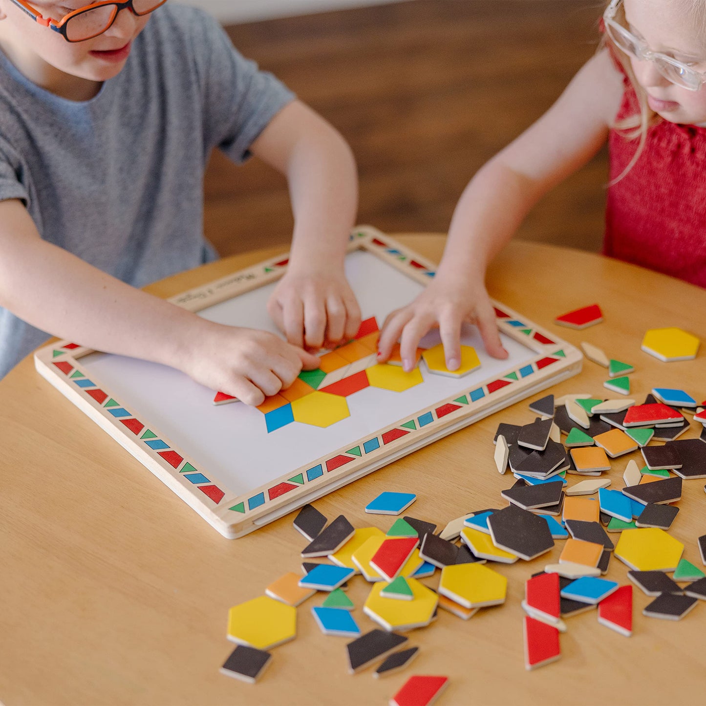 Melissa & Doug Deluxe Wooden Magnetic Pattern Blocks Set - Educational Toy with 120 Magnets and Carrying Case