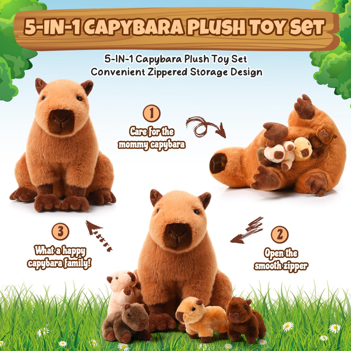 Hollowfly 5 Pcs Capybara Stuffed Animals Capybara Plush Set Gift for Kids Mommy with 4 Cute Babies Inside Soft Stuffed Plushies for Boys Girls Birthday Party Favors(Dark Color)