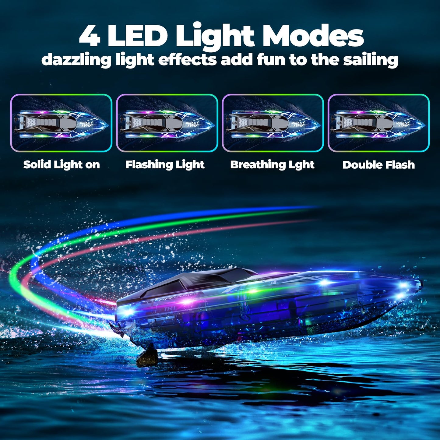 TOLLCY Remote Control Boat for Kids, 2Pack RC Boats with LED Lights for Pools Lakes River & Bathtub, 2.4Ghz Control, Whole Body Waterproof, 2 Rechargeable Batteries Summer Water Toys