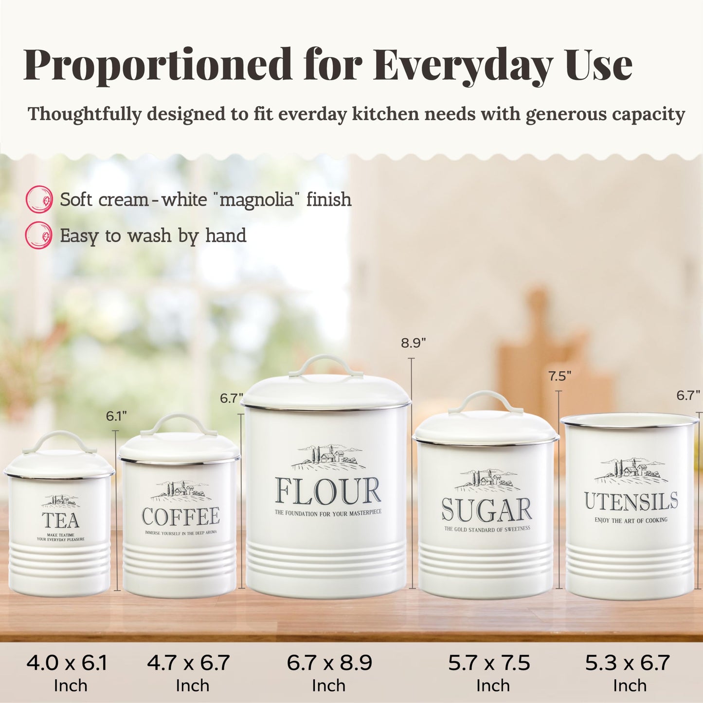 noonberry Kitchen Canisters for Countertop – 5-Piece Airtight Flour Sugar Coffee Tea Kitchen Canister Set with Utensil Holder – Sugar and Flour Containers for Kitchen Counter, Cream-White Finish