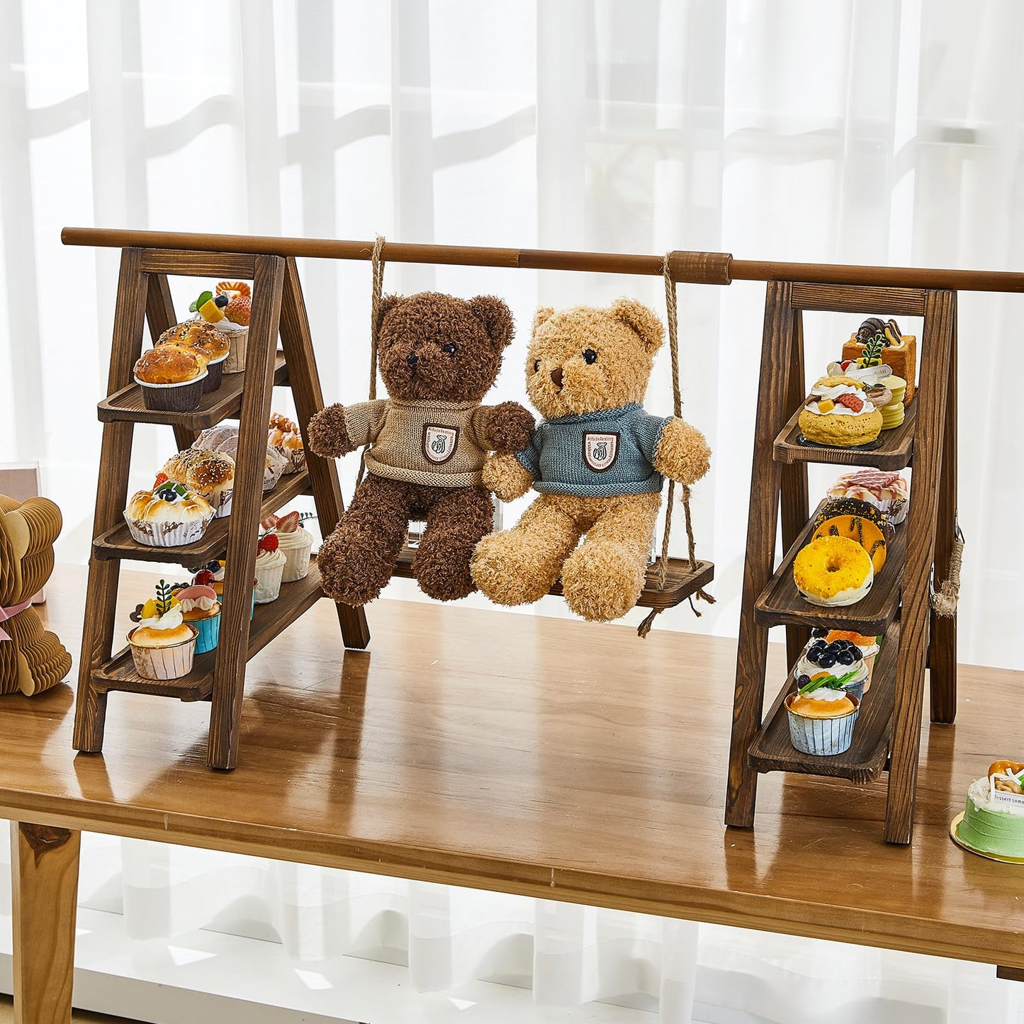 Beeveer Wooden Double 3 Tier Serving Tray Ladder Stand with Serving Platter Tray Party Food Display Set for Cake Snack Fruit Chips Bread Centerpieces(20 x 30 Inches,Dark Walnut)