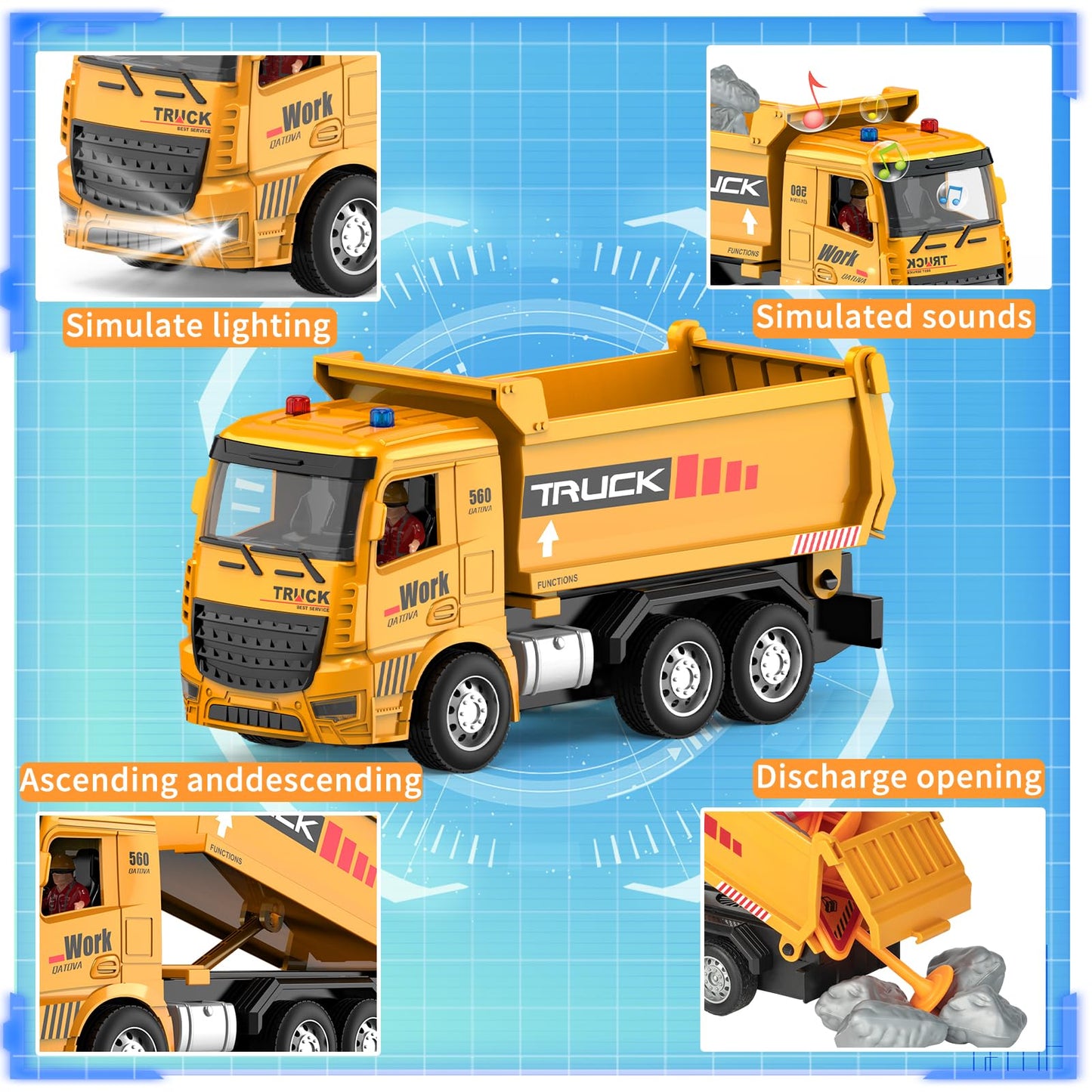 MQDMINI Remote Control Excavator and Dump Truck Toy Set - RC Construction Vehicles Toy with Barricades, Road Signs, Simulated Rocks, Lights and Sounds, Present for Toddlers 3-12 Year Boys Girls