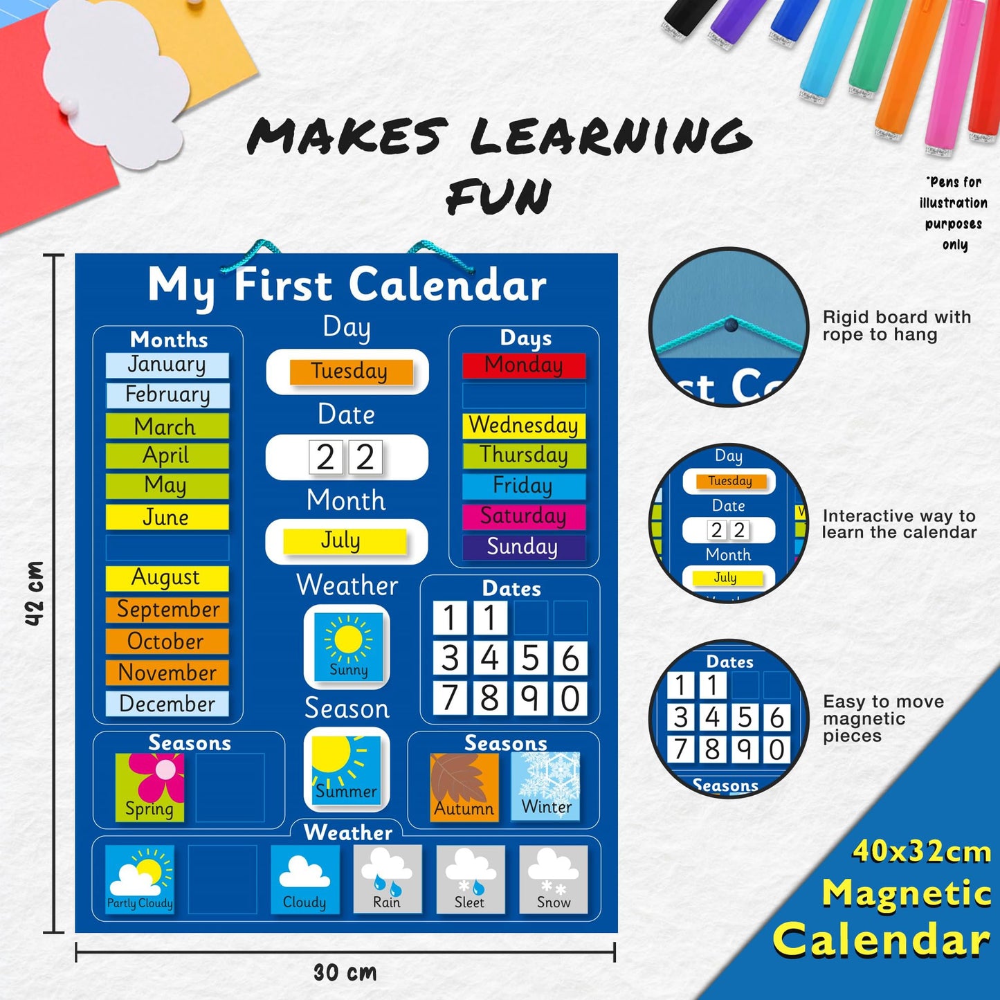Fridge Magic Interactive Children's Magnetic Learning Calendar - Blue- Fun Educational Tool for Time, Seasons, and Weather Awareness - 40x32 cm with Easy Hang Loop