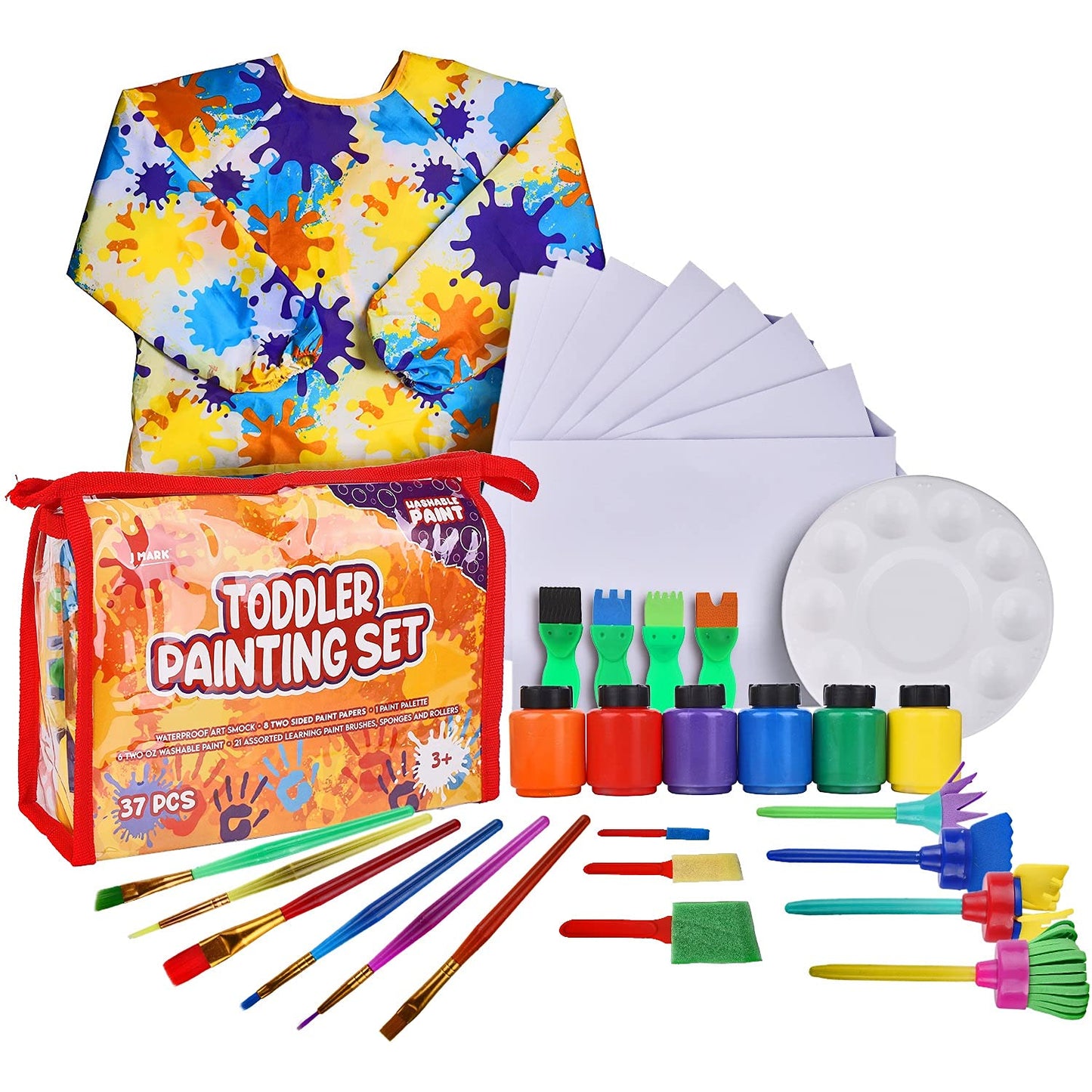 J MARK Complete Toddler Painting Set – 38-Piece Washable Non-Toxic Tempera Paint Set for Toddlers, Includes Art Smock, Toddler Painting Paper, Brushes, Painting Tools and More