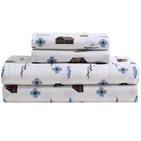 Beatrice Home Fashions Cozy Cabin 4-Piece Full Microfiber Bedding Sheet Set with Deep Pockets Rustic Patchwork Plaid Deer, Lake Day