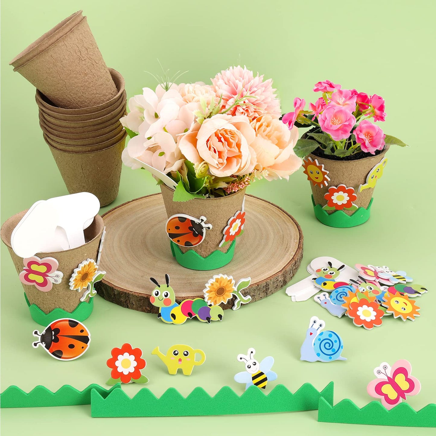 Ayfjovs Garden Paper Pot Craft Kit, 55 Pack Flower Plant Spring Craft for Kids with 200 PCS Adhesive Foam Stickers and 55 PCS Plastic Plant Labels for Kids Craft, Classroom Decor, Mother's Day
