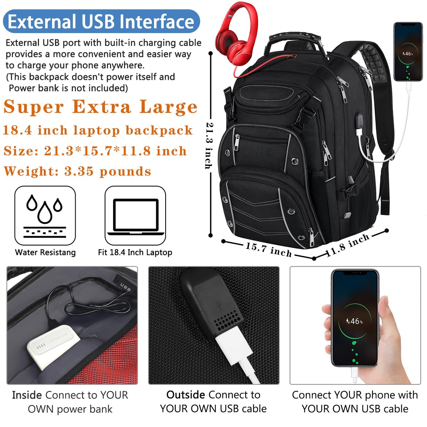 VECKUSON 18.4 Laptop Backpack for unisex, 60L Extra Large Gaming Laptops Backpack with USB Charger Port,TSA Friendly Flight Approved and RFID Anti-Theft Pocket Heavy-duty Pack,21.3*15.7*11.8inch Grey