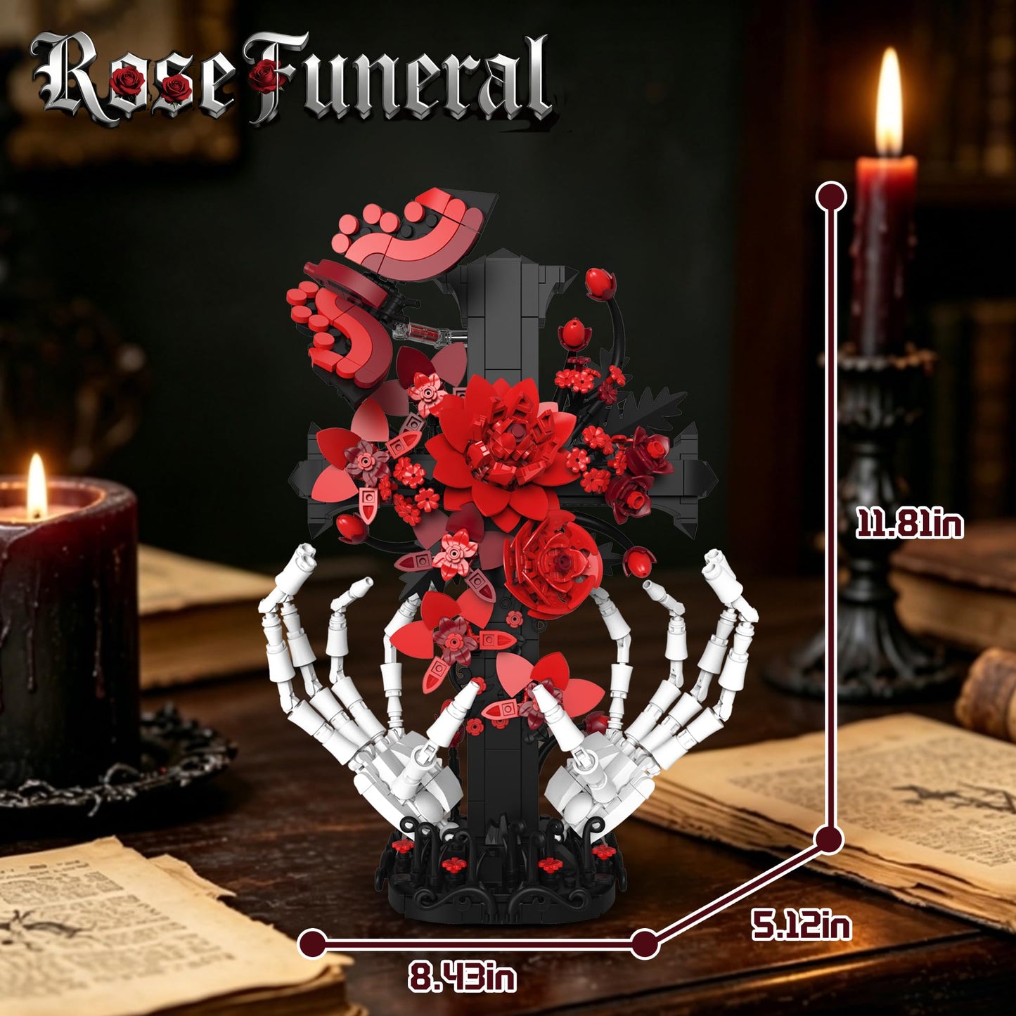 chanbrick Jesus Cross Building Set with Flower & Skull Hand for Adults, Gothic Crucifix Rose Skeleton Collectible Model for Women Home Art Decor