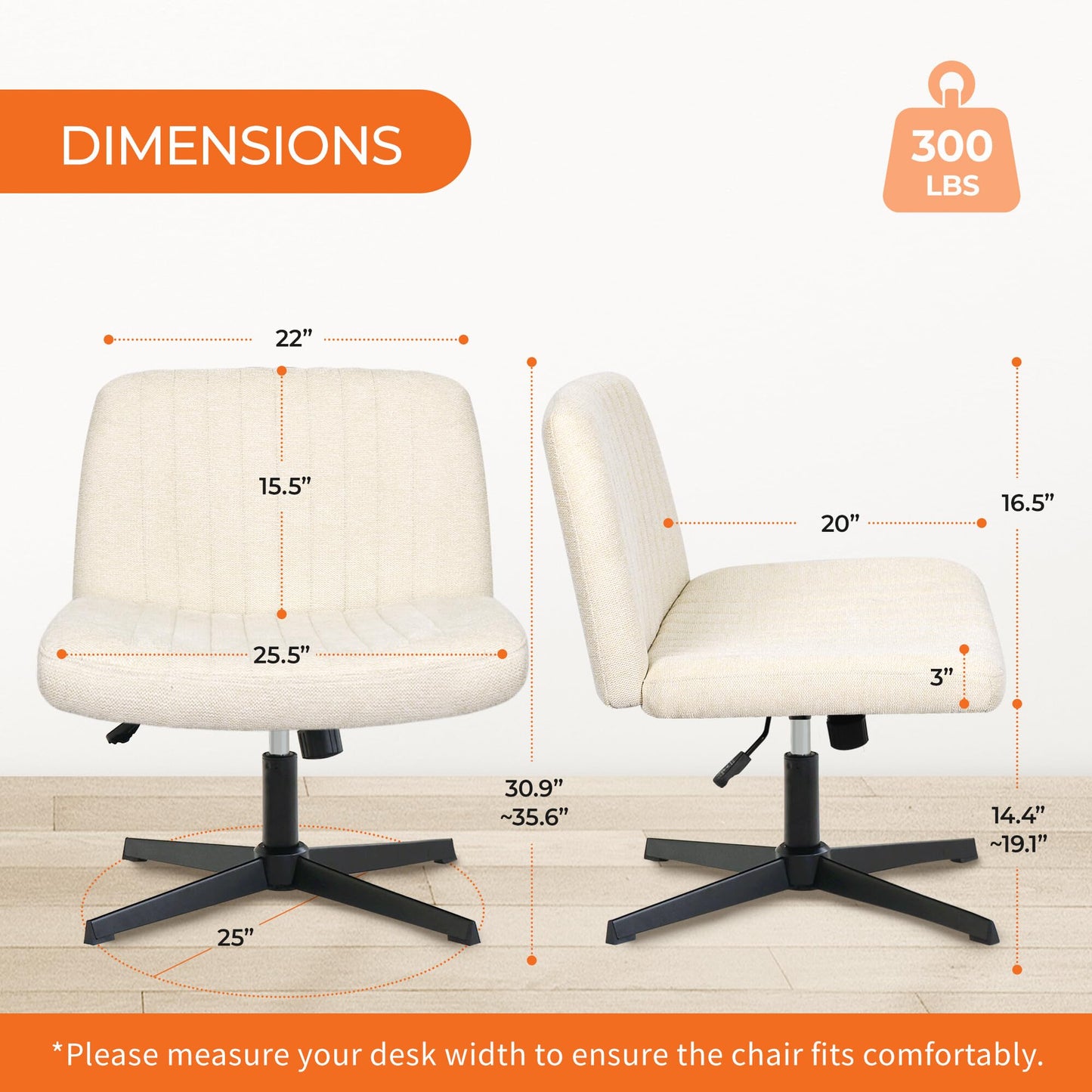 Orange Factory Criss Cross Chair No Wheel Wide Cross Legged Office Desk Vanity Chair Comfy Fabric Armless Adjustable Swivel for Home Computer Task (Beige No Wheel, Classic Fabric)