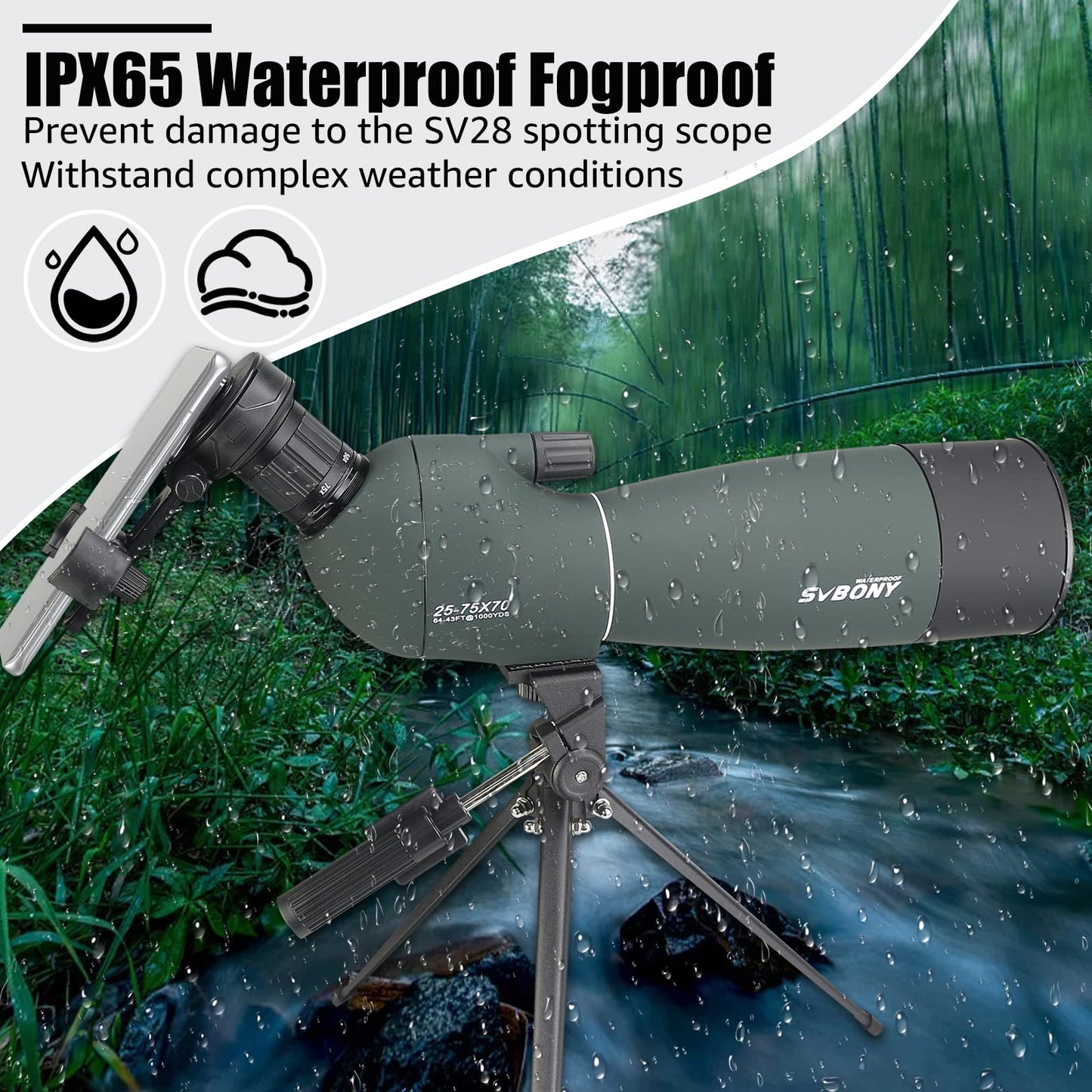 SVBONY SV28 Spotting Scopes with Tripod and Phone Adapter, Angled 25-75x70mm Spotter Scope, Waterproof Fogproof Spotting Scope with Desktop Tripod for Bird Watching, Target Shooting, Wildlife Viewing