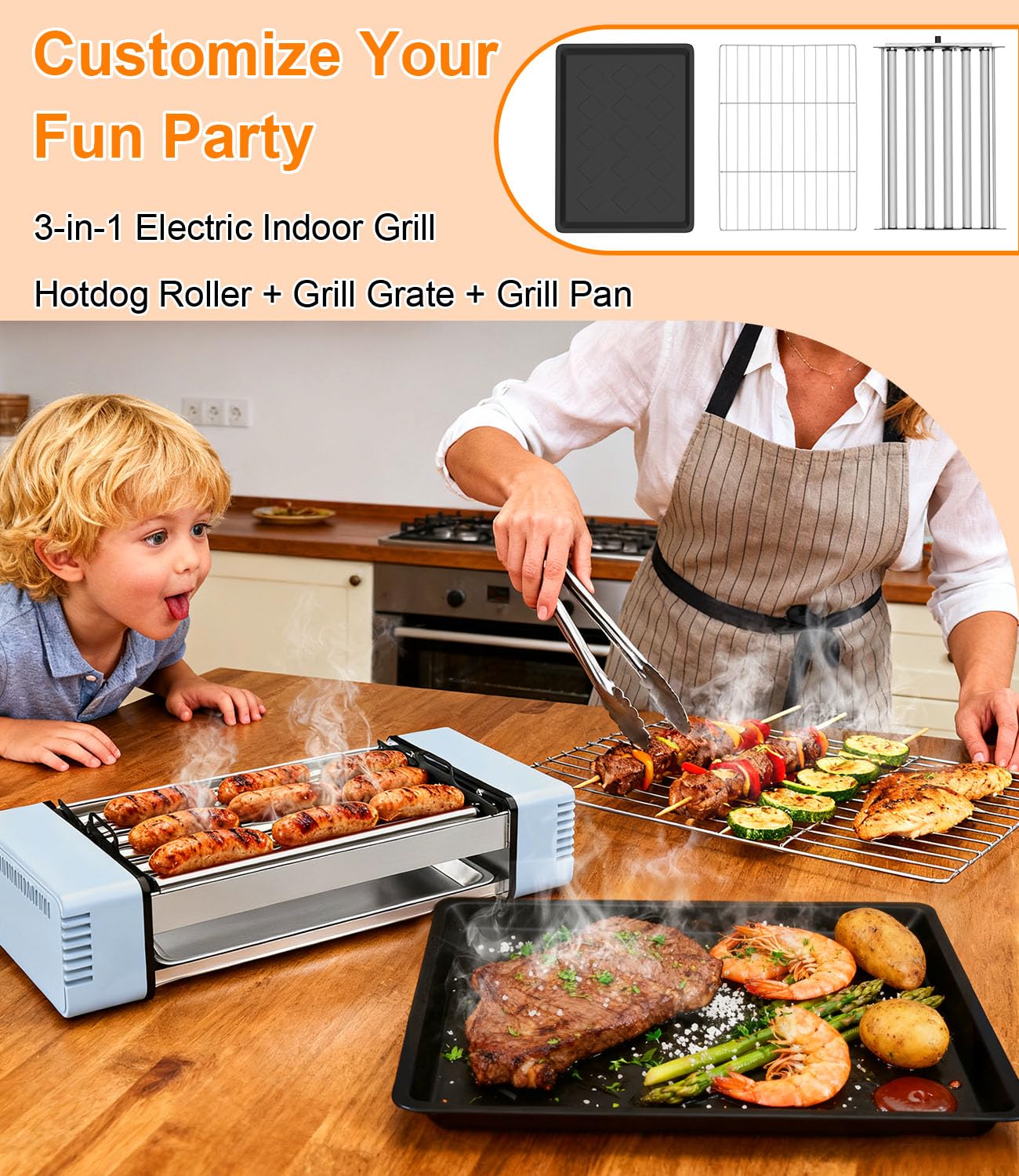 3-in-1 Electric Grill with Hot Dog Roller, Portable Indoor Outdoor BBQ Grill, Griddle and Sausage Roller Machine with Removable Non-Stick Plate & Drip Tray, for Tailgate, Camping, RV, Home Kitchen