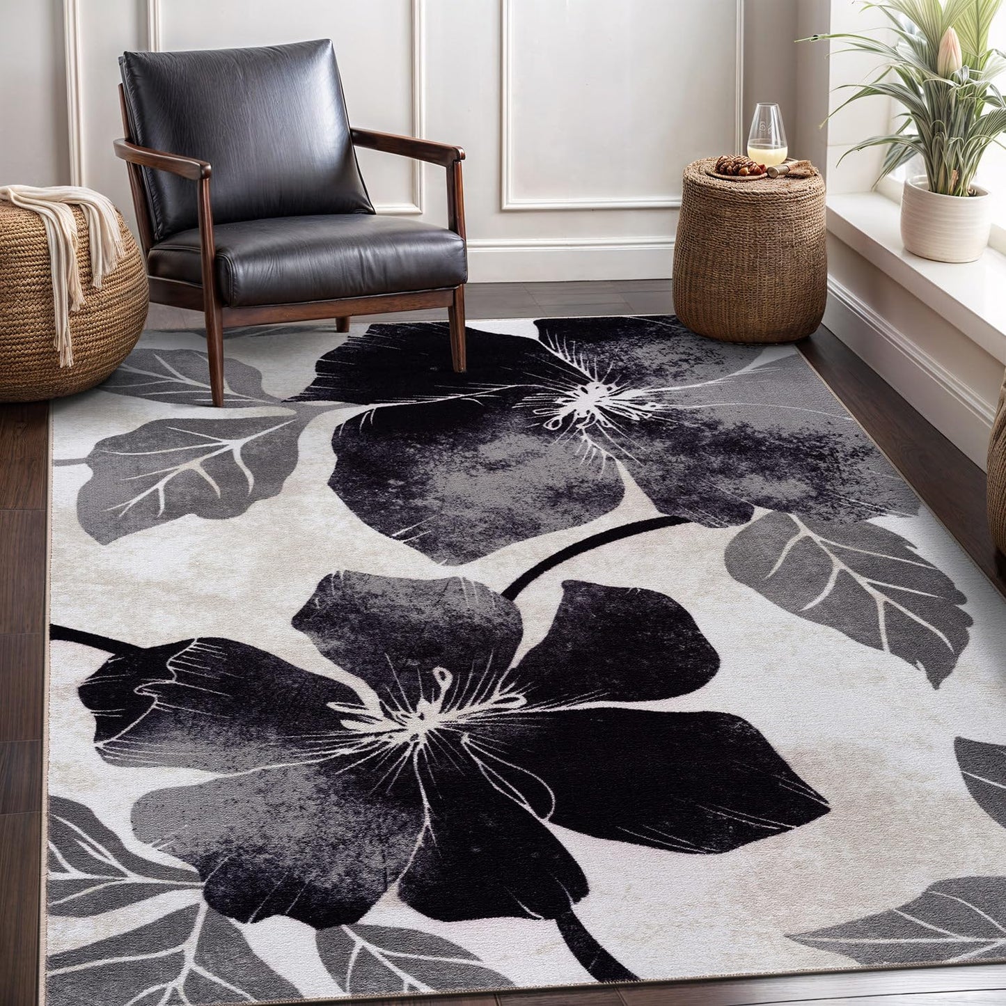 CAMILSON Solana Modern Floral 4x6 Rug Non-Skid (Non-Slip) Rubber Backing Flowers Leaf Soft Non Shedding Easy Cleaning for Living Room Bedroom Kitchen Indoor Area Rugs Carpet (4 x 6, Black Grey)
