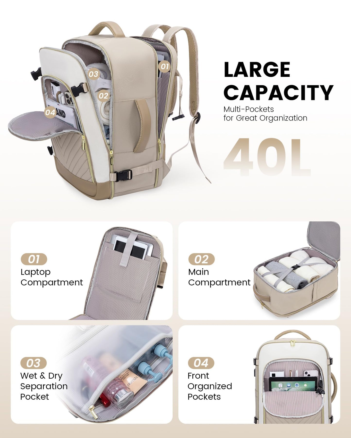 LOVEVOOK Large Travel Backpack for Women, TSA Carry on Backpack for Airplanes, 40L Personal Item Travel Bag for Women fits 17" Laptop,Waterproof Carry on Bag Airplane Approved with 3 Packing Cubes