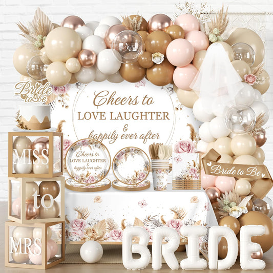 cocomigo 301pcs Boho Bridal Shower Decorations Complete Party Set, Serves 25 Guests, Boho Wedding Engagement Theme Bridal Shower Decorations, includes Balloon Arch Box Tableware Veil Shoulder Straps