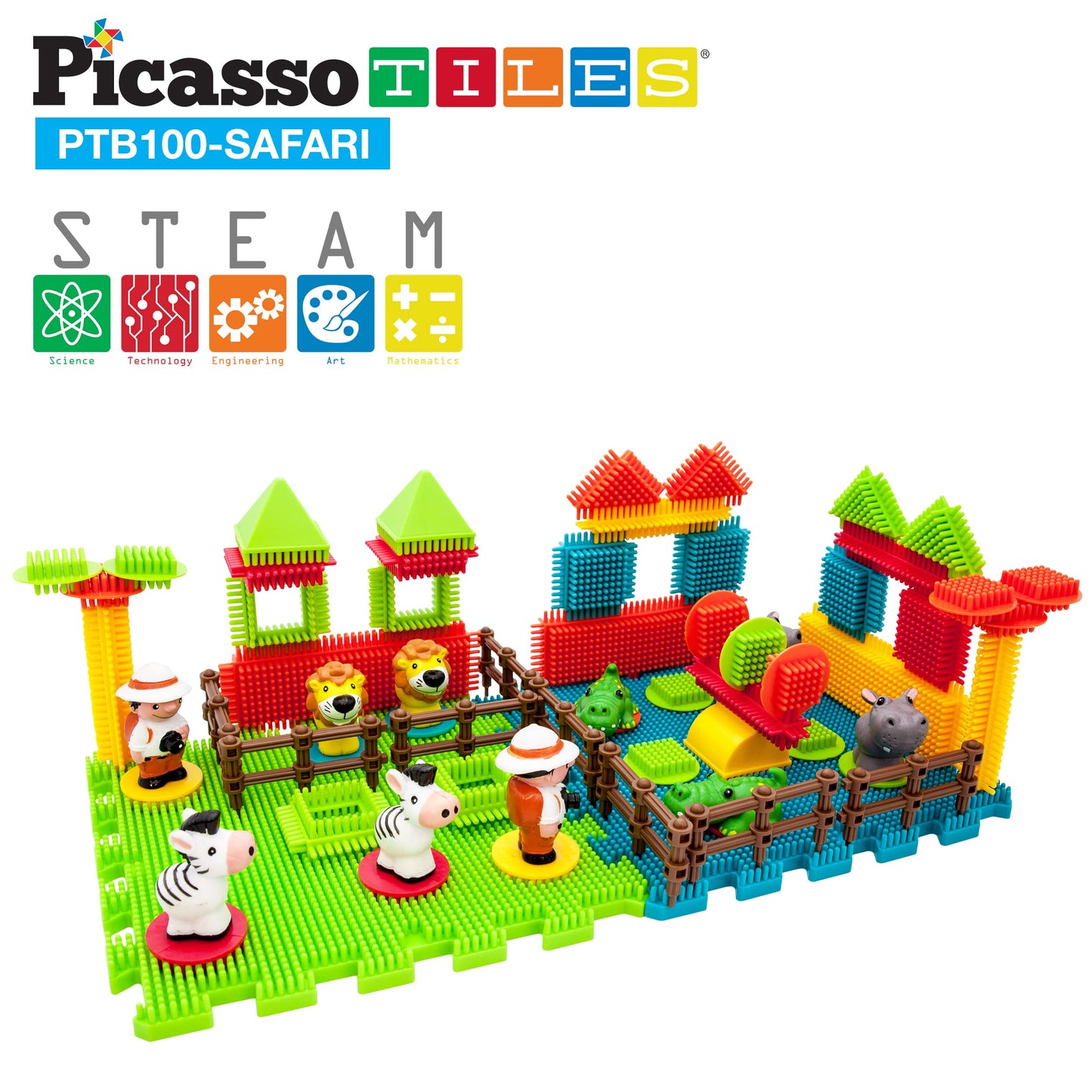 PicassoTiles PTB100 100pcs Bristle Lock 3D Building Blocks Tiles Safari Theme Set Learning Playset STEM Toy Set Educational Kit Child Brain Development Preschool Kindergarten Toy for Age 3 & Up