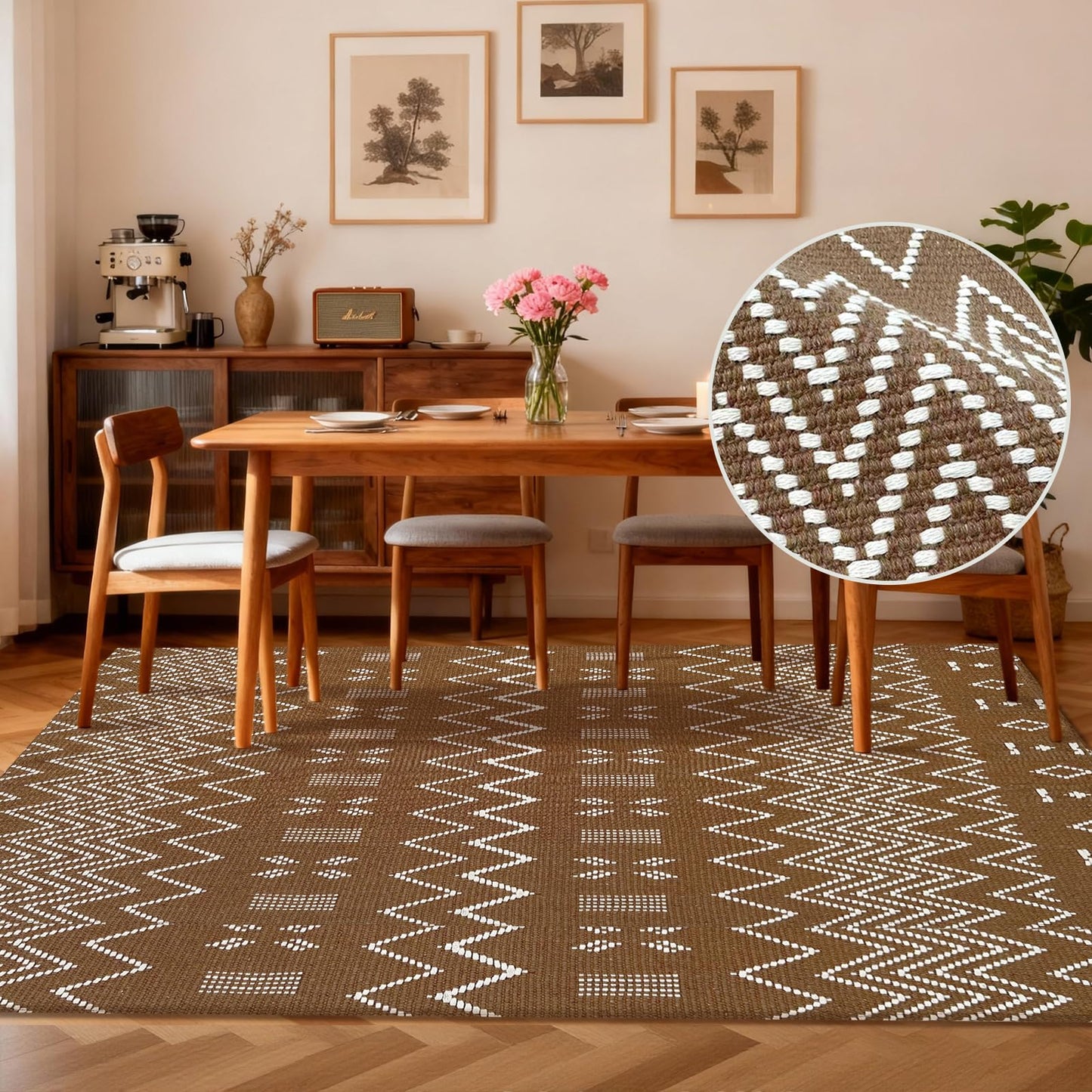 winolive Washable Area Rug 5x7 ft,Rubber Backed Non Slip Faux Jute Rug for Office,Living Room and Bedroom Braided Rug,Indoor Floor Carpets for Dining Room,Farmhouse,Brown/White