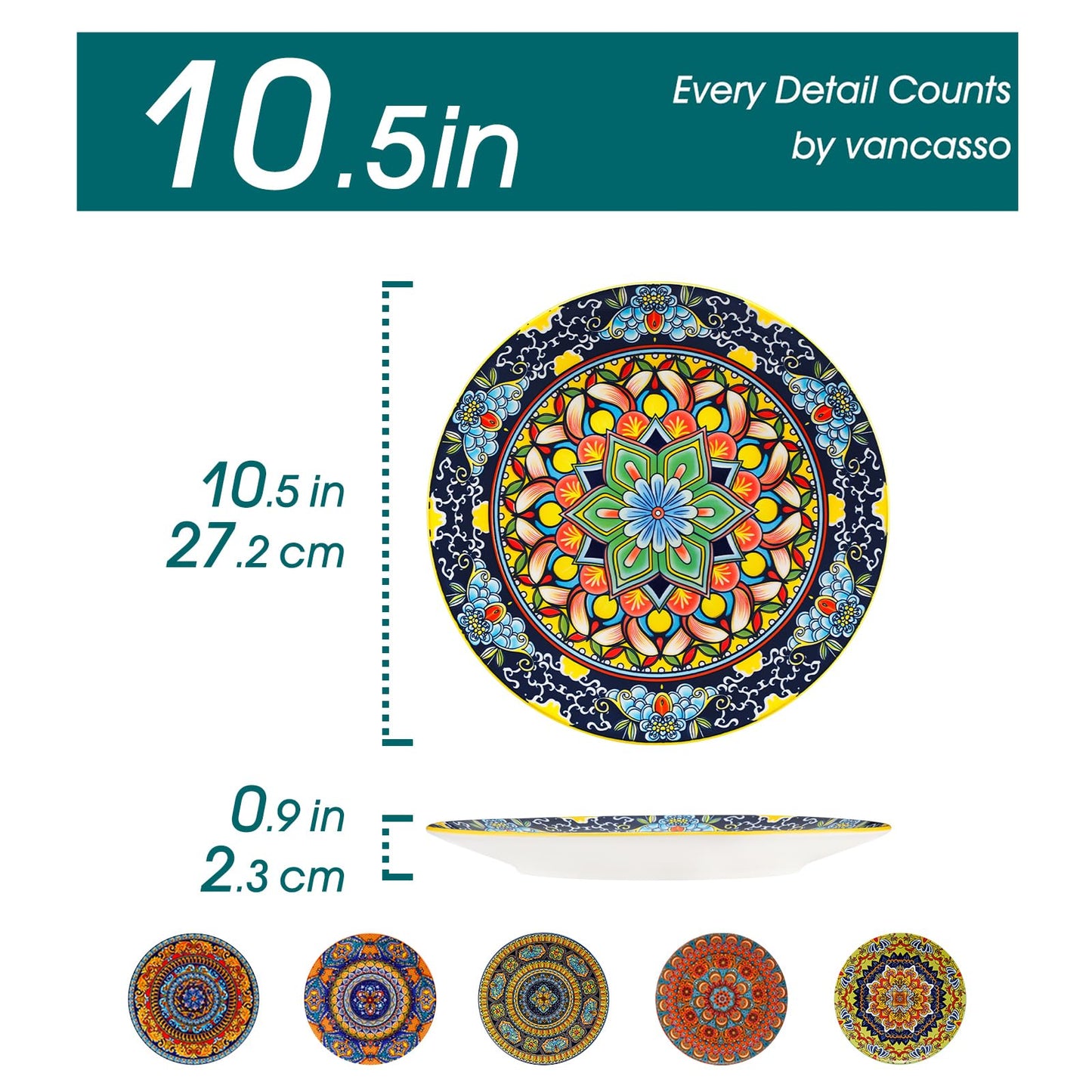 vancasso Colorful Dinner Plates Set of 6, 10.5 Inch Ceramic Kitchen Plates for Dinner, Bohemian Printed Dishes for Dining, Microwave & Dishwasher Safe Plate Set, Series KRVI