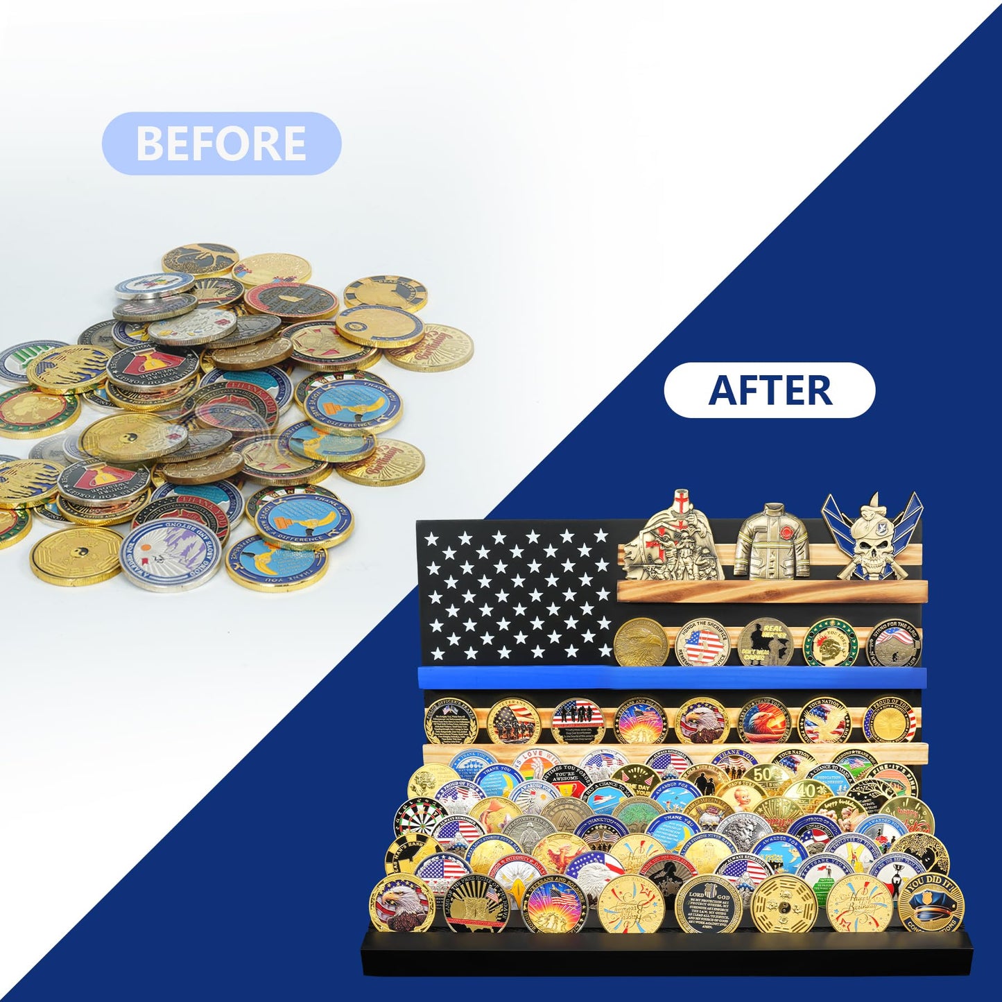 11 Rows Challenge Coin Display, Removable Military Coin Holder Display with American Flag, Wooden Coin Display Case Rack Holds 95-106 Coins,Black