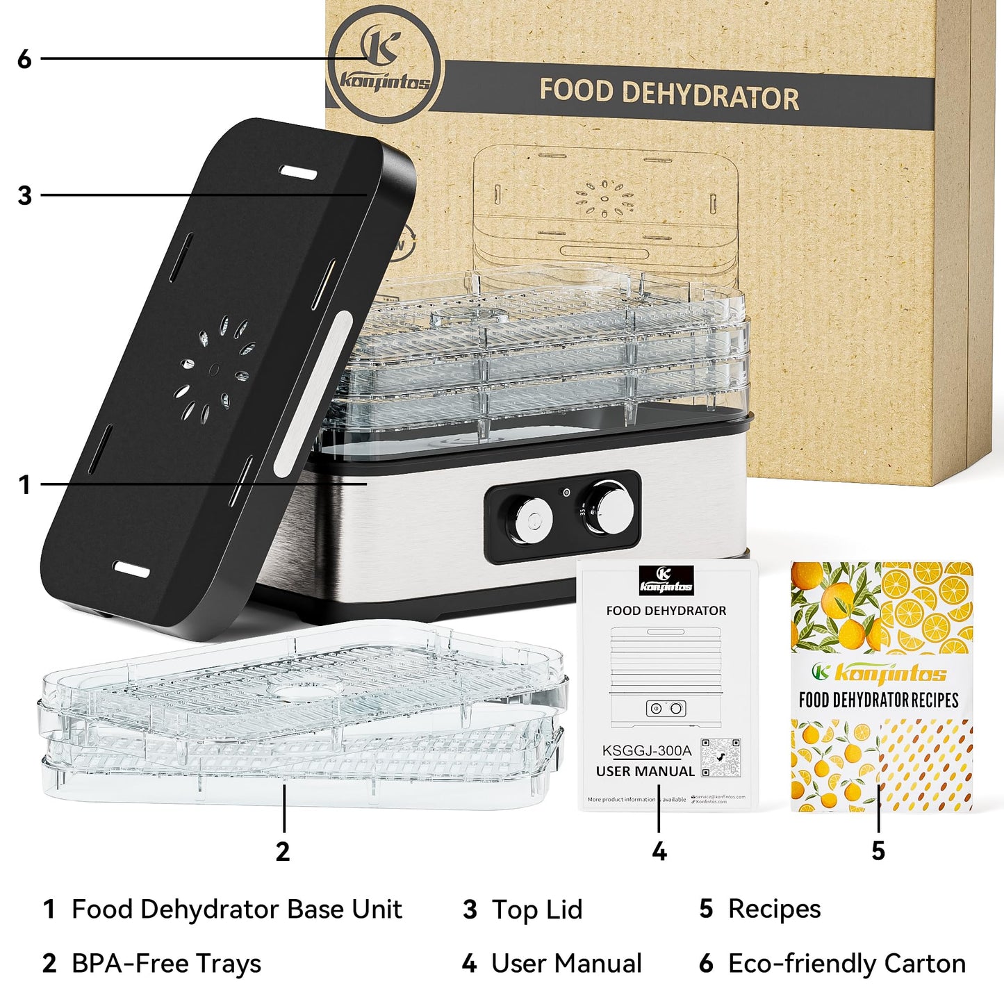 Konfintos Compact Food Dehydrator Machine for Jerky & Fruit, 250W Small Food Dryer, 5 Stackable BPA-Free Trays with Temperature Control for Beef and Deer Jerky, Mushroom, Herbs & Pet Treats, 72H Max