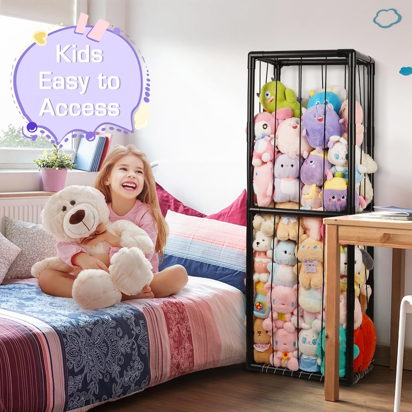 Trycooling Stuffed Animal Storage Zoo Stuffed Animal Holder Space Save Vertical Stuffed Animals Storage PVC with Elastic Band and Net for Playroom Bedroom Nursery (Black 1)