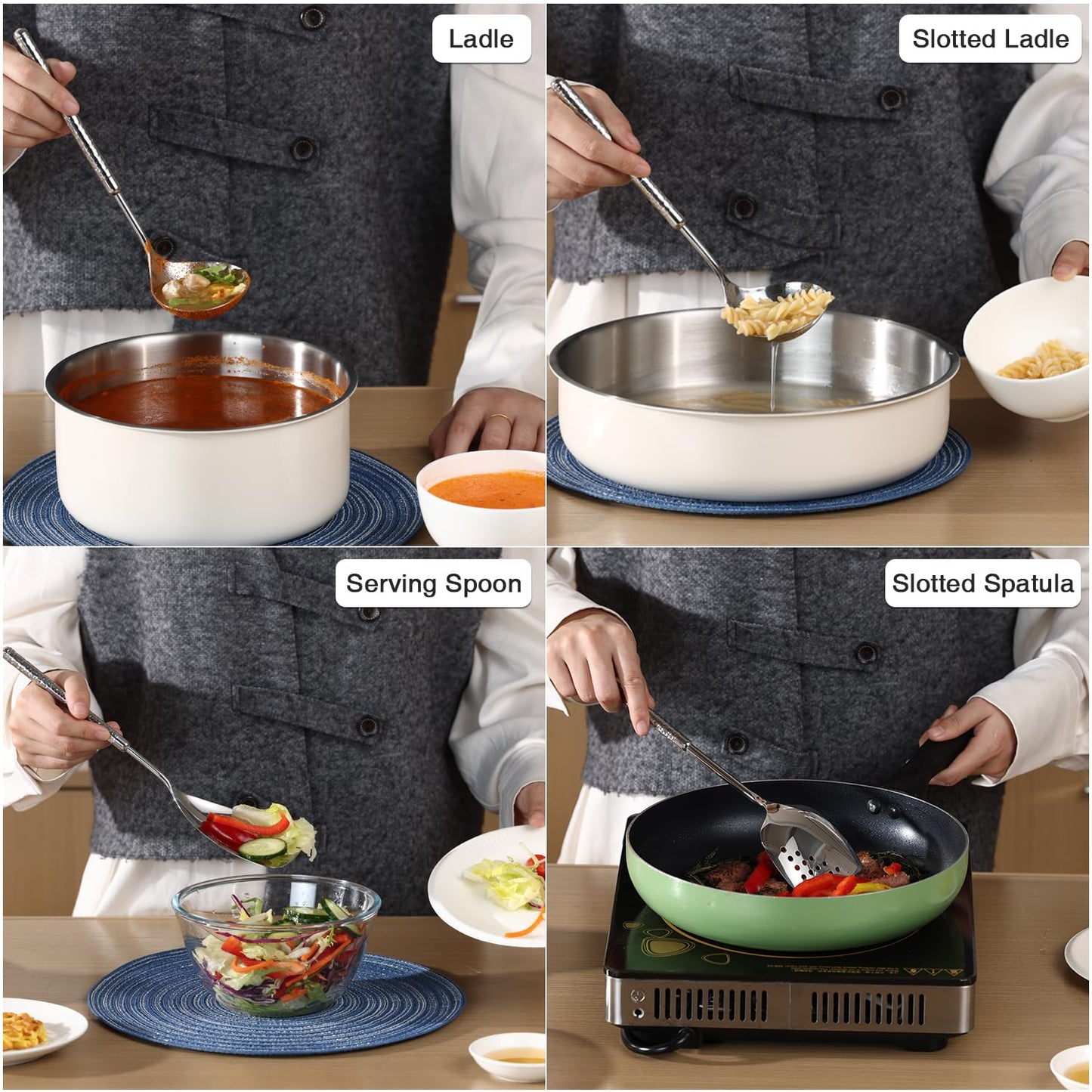 304 Stainless Steel Cooking Utensils Set, HIFIND 8PCS Kitchen Utensils Set, Luxury Kitchen Utensils, Deep Ladle, Skimmer, Slotted Spatula, Fish Spatula, Serving Spoon, Whisk, Bread Knife, Cake Server