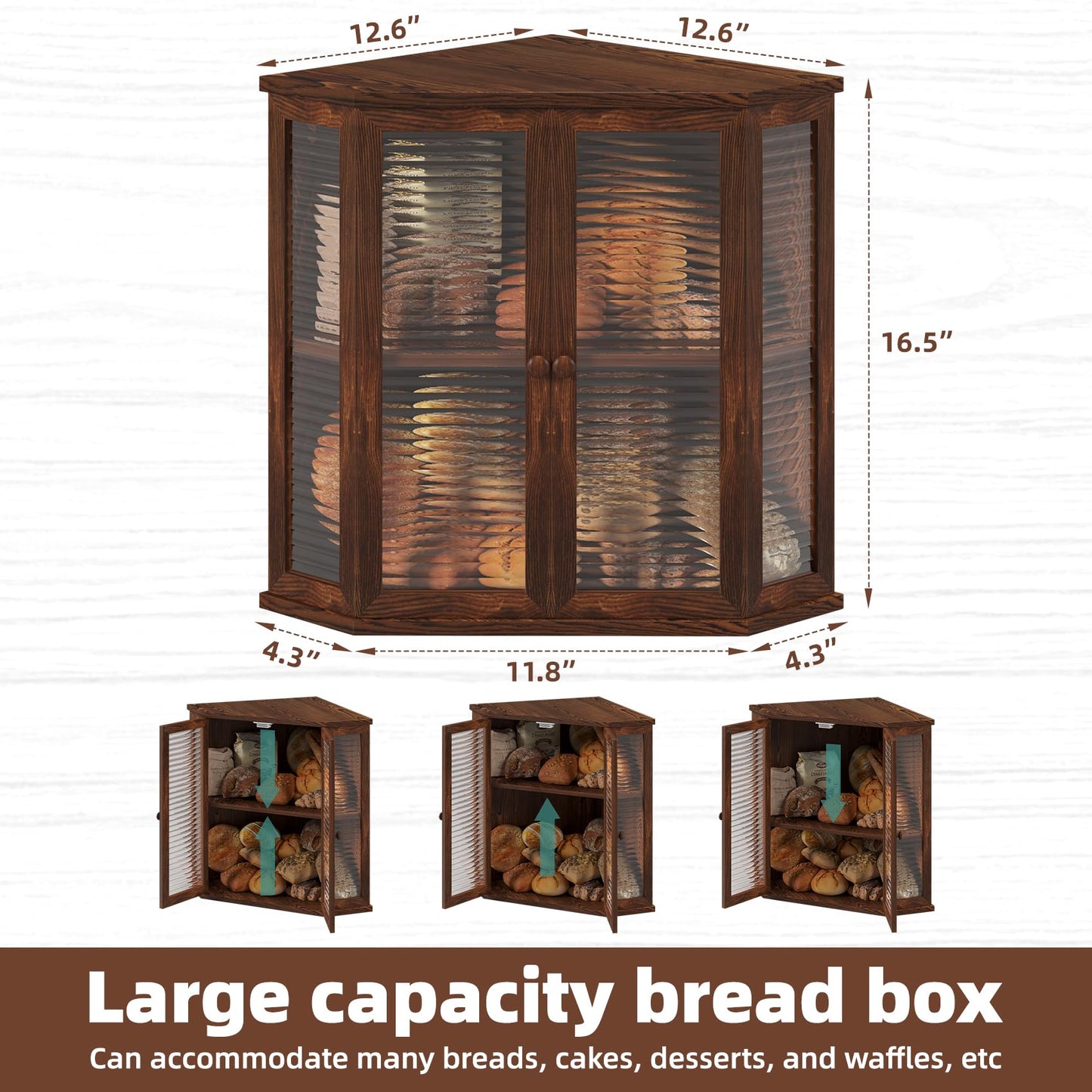 WouZglk Corner Bread Box for Kitchen Counter, 16.7 Inch Extra Large 2-Tier Farmhouse Bread Box with Natural Pine Wood Grain, Dual Wave Glass Doors and Adjustable Shelf(Pine Wood)