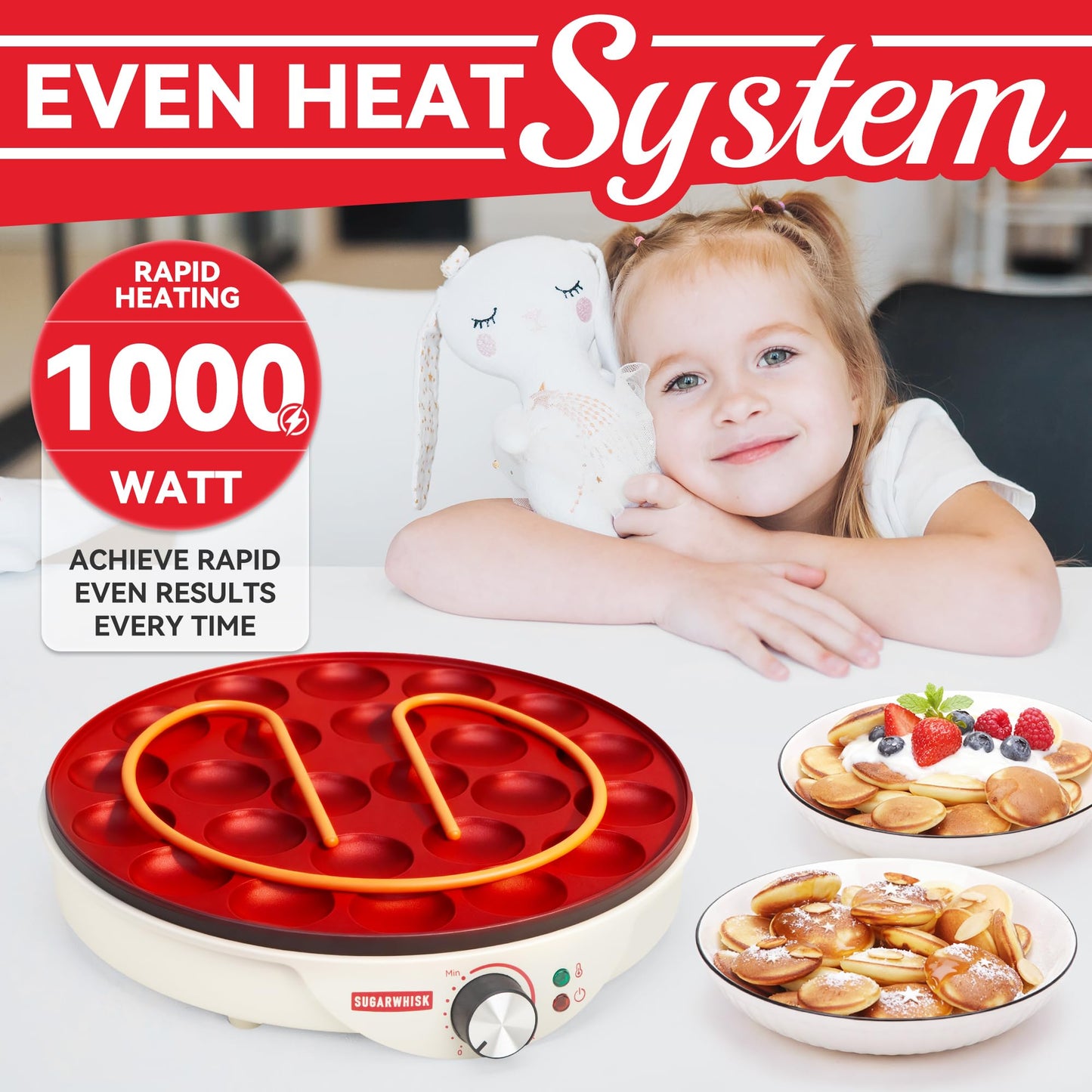SugarWhisk 24 Slots Mini Pancakes Maker, Poffertjes Maker Pan, Thin Ebelskiver Aebleskiver Pan, Electric Pancakes Maker, Dutch Pancake Machine, Browning Controllable, with Brush & Forks, White