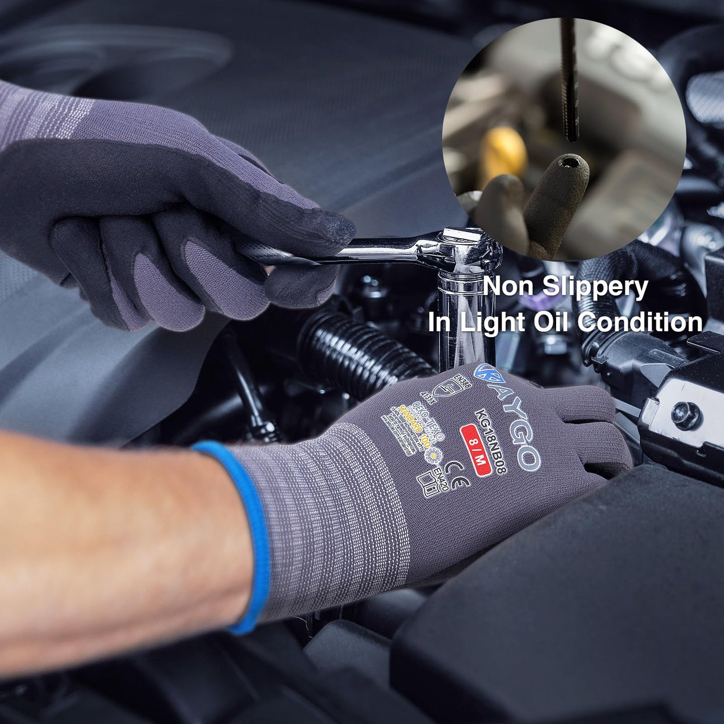 KAYGO Safety Work Gloves MicroFoam Nitrile Coated, 12 Pairs KG18NB,Seamless Knit Nylon Glove for Men and Women, Ideal for Automotive,Warehouse,Construction (Large,Gray)
