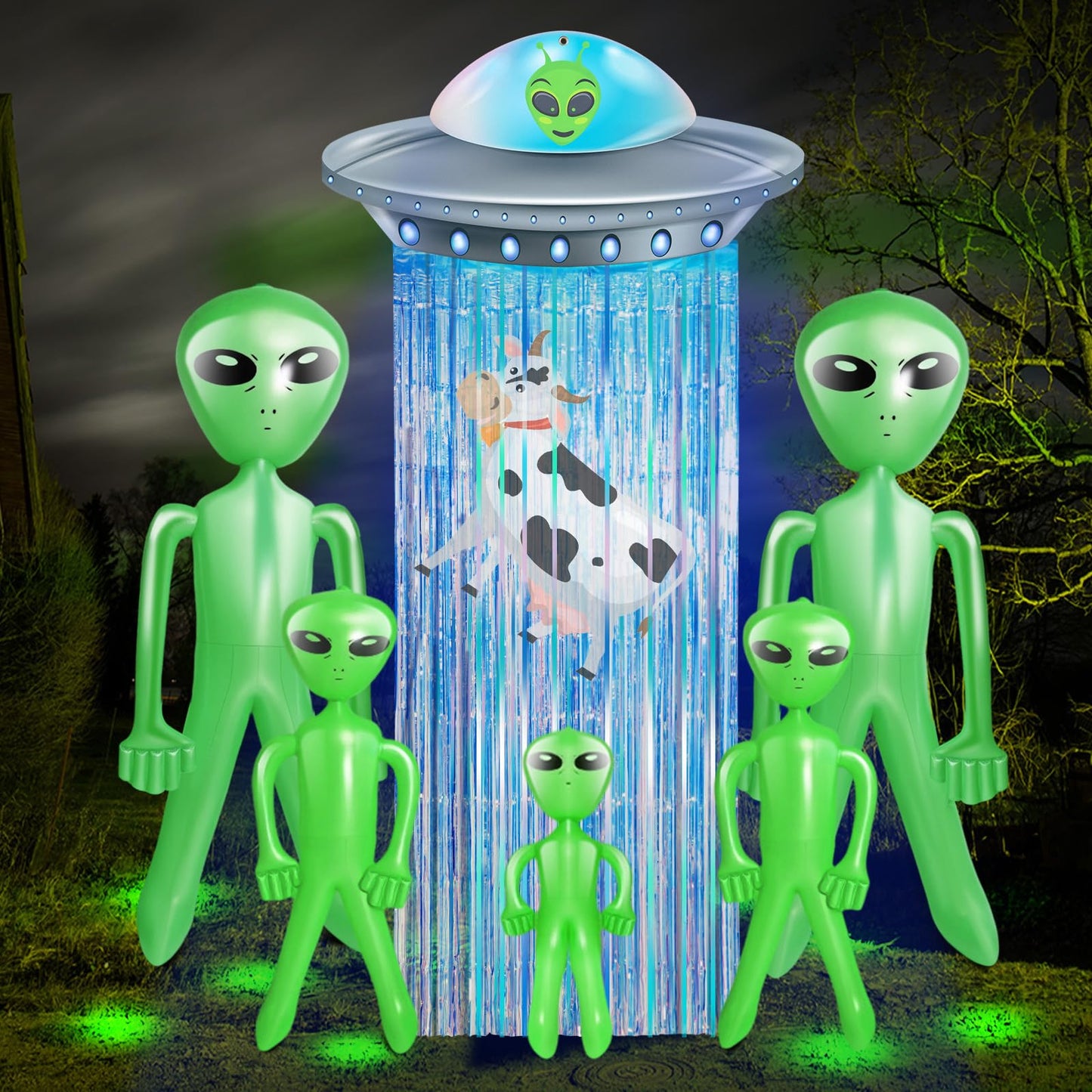 Simgoing 6 Pcs Alien Birthday Party Decorations Set Alien Door Curtains with Tinsel Foil Fringe Curtain and Inflatable Aliens UFO Spacecraft Party Flying Saucer Spaceship Hanging Banner for Halloween