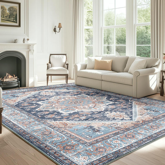 BESTSWEETIE 6x9 Area Rugs for Living Room Washable Non Slip Carpet Low Pile Soft Vintage Print Pattern Rug for Bedroom Dining Room Kitchen Entryway Indoor-Navy Blue/Light Blue/Natural/Brick