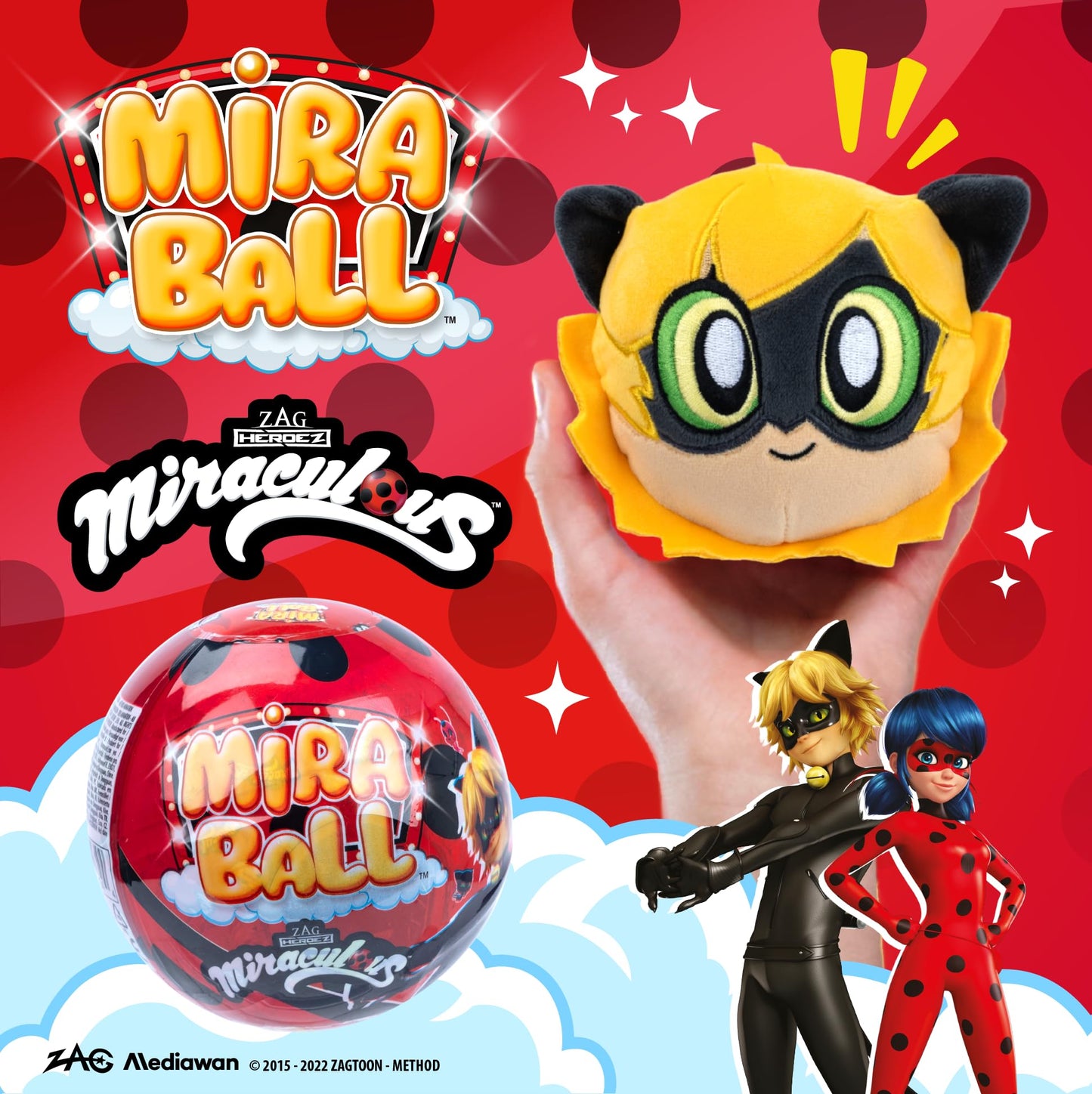 Miraculous Ladybug, 4-1 Capsule Collectible Toy, [PACK OF 4], Surprise Miraball with expanding Plush Kwami, Collectible Character Metal Case, Glittery Stickers & hanging Display Ribbon